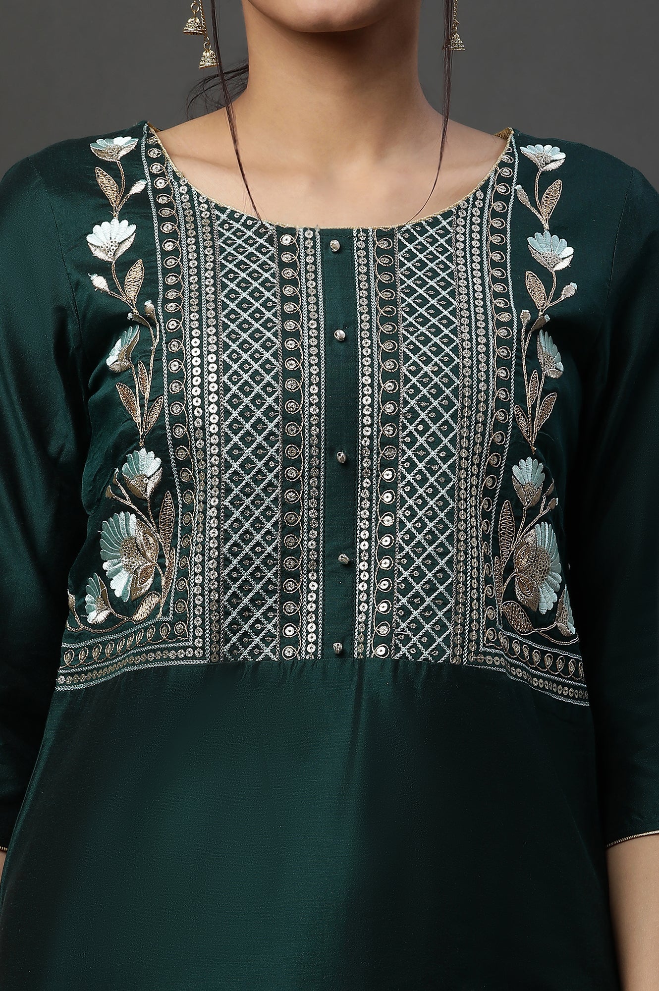 Dark Green Embroidered Yoke Festive Kurta - Image 6