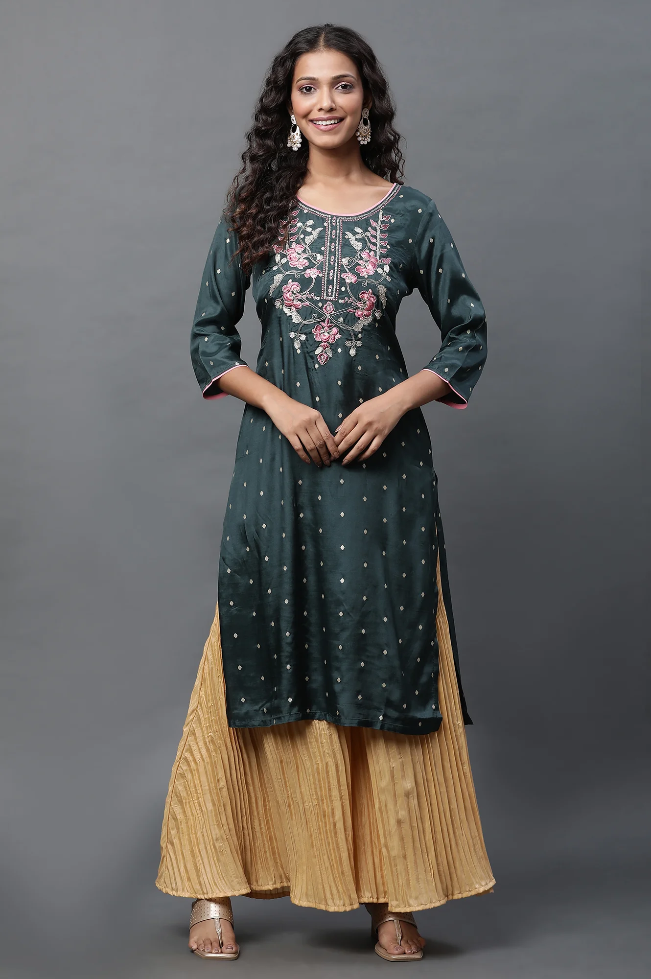 Dark Green Zari Embroidered Shantung Straight Kurta - Image 3