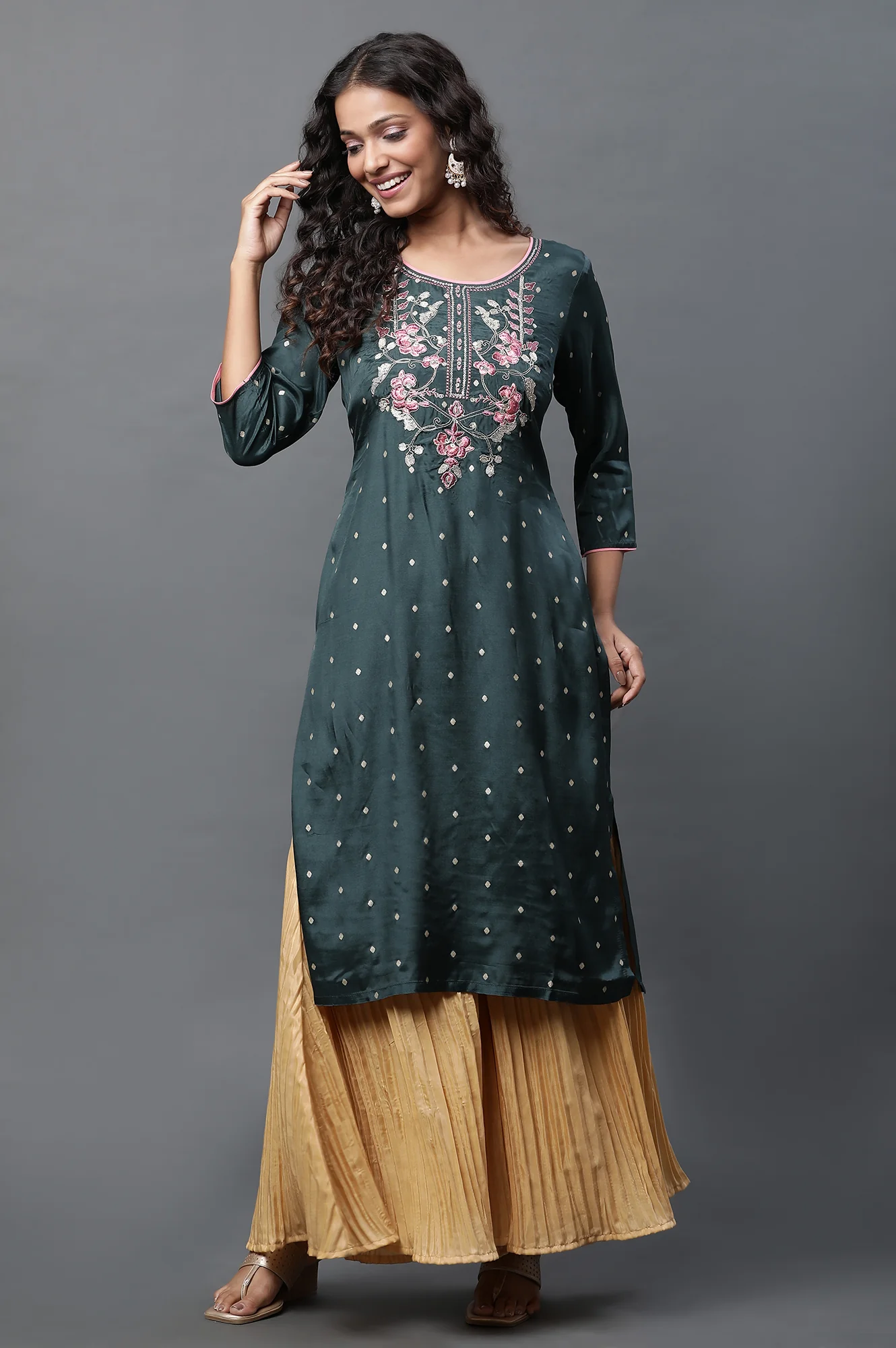Dark Green Zari Embroidered Shantung Straight Kurta - Image 4
