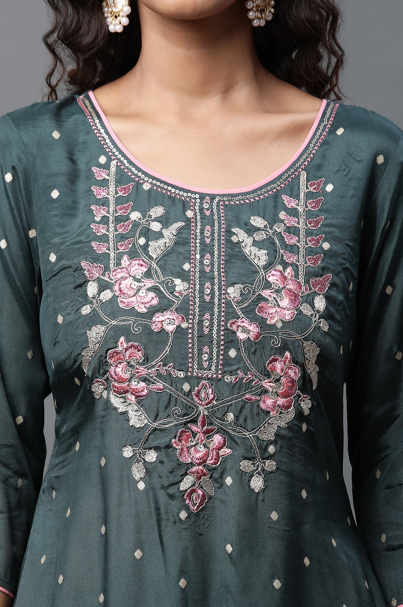 Dark Green Zari Embroidered Shantung Kurta - Image 6