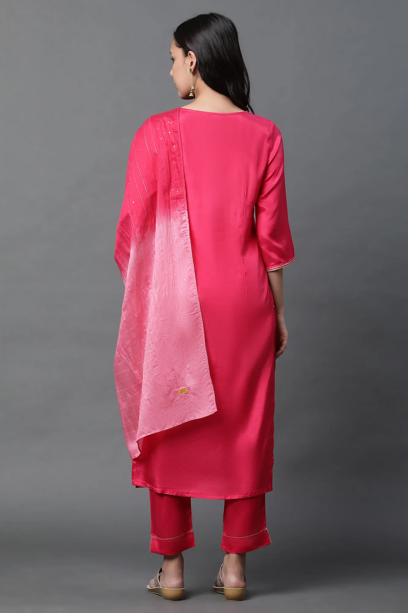 Dark Pink Dori Embroidered Kurta, Trousers and Dupatta Set - Image 4