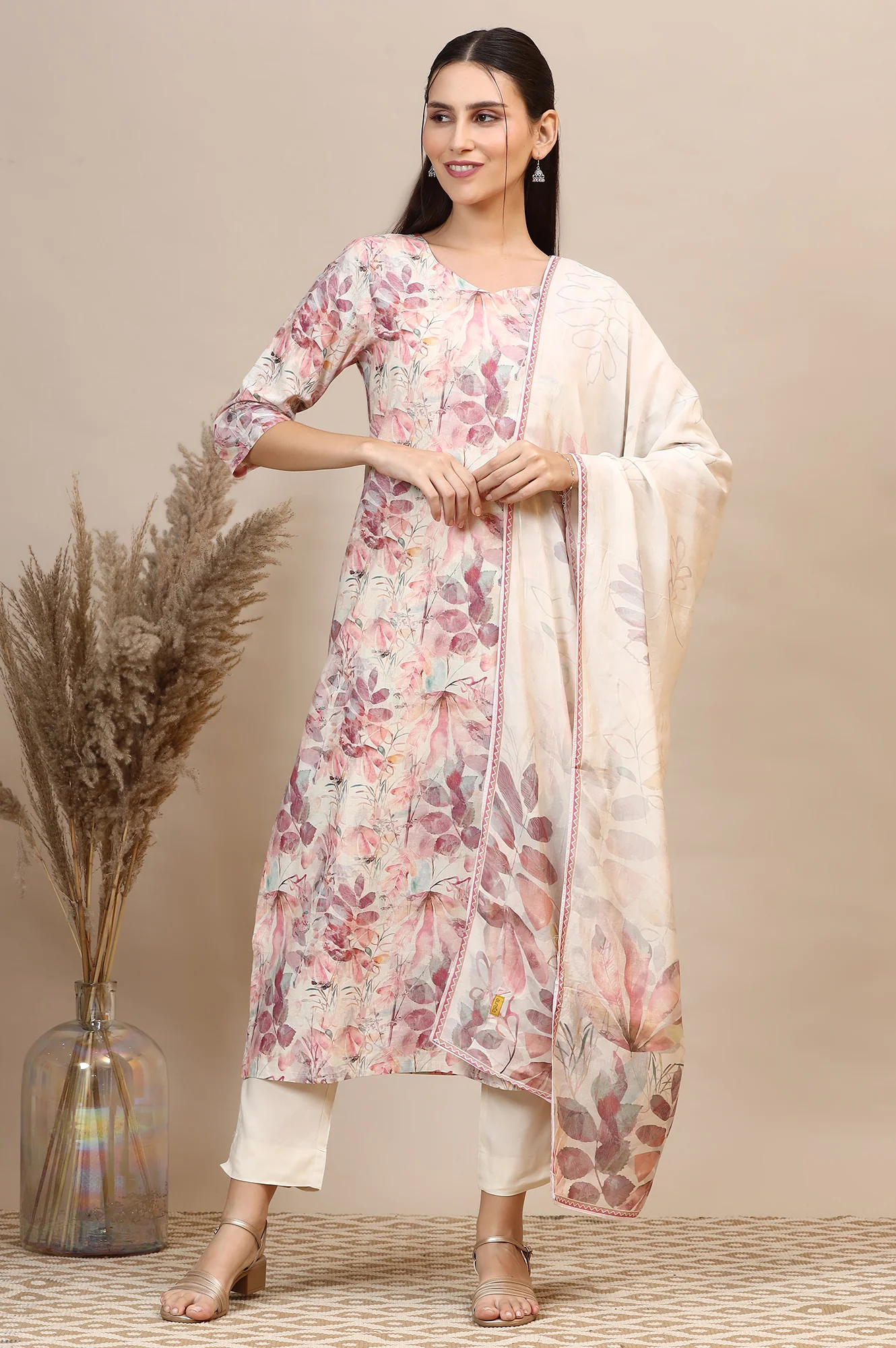 Dusty Pink Floral Printed Cotton Shimmer Straight Kurta, Trousers and Dupatta Set - Image 2