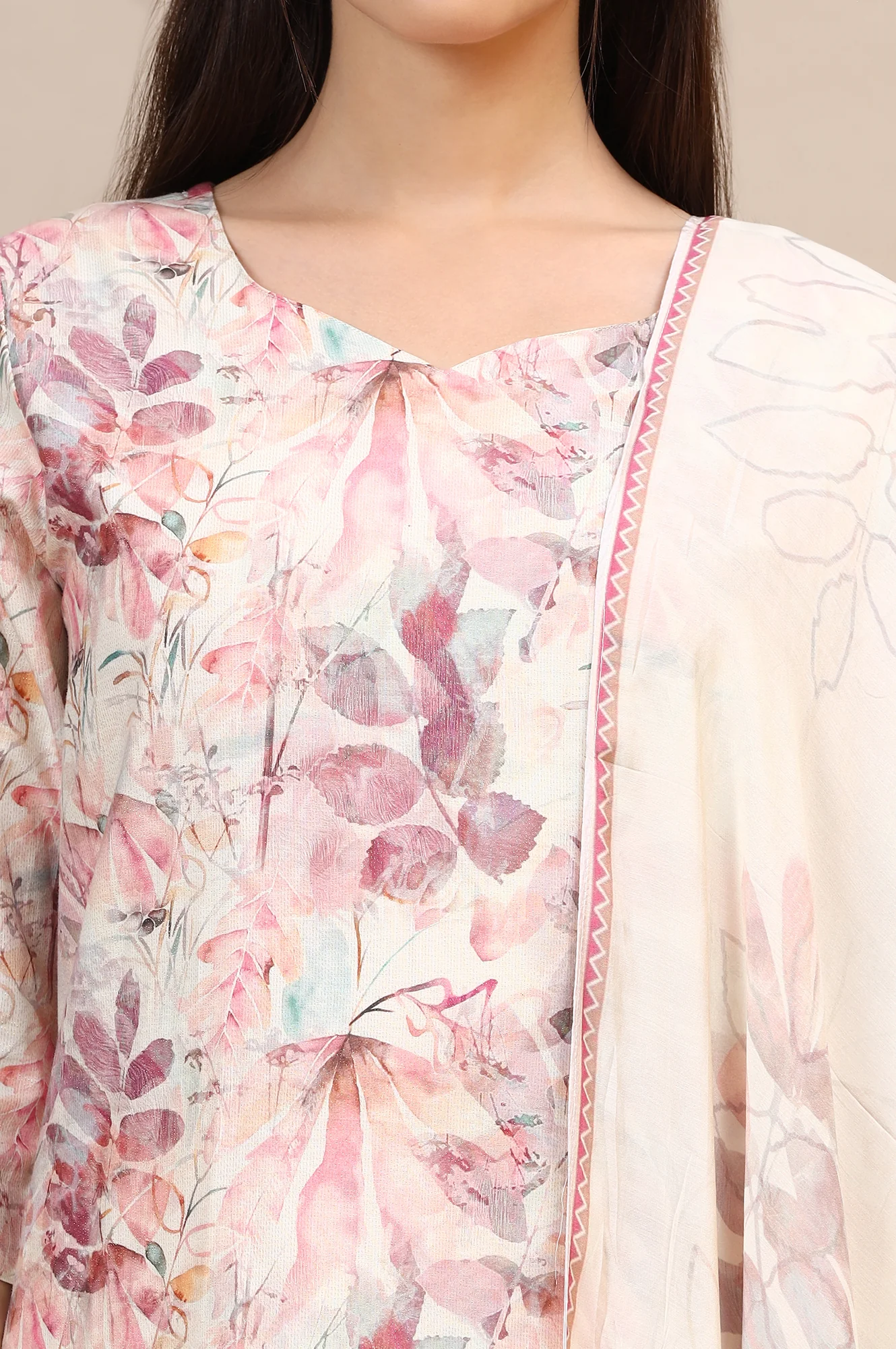 Dusty Pink Floral Printed Cotton Shimmer Straight Kurta, Trousers and Dupatta Set - Image 4