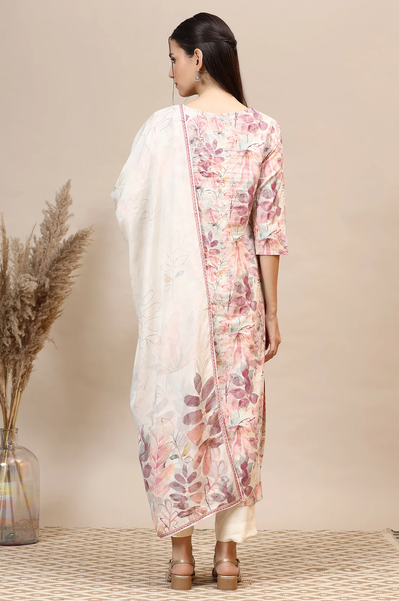 Dusty Pink Floral Printed Cotton Shimmer Straight Kurta, Trousers and Dupatta Set - Image 6