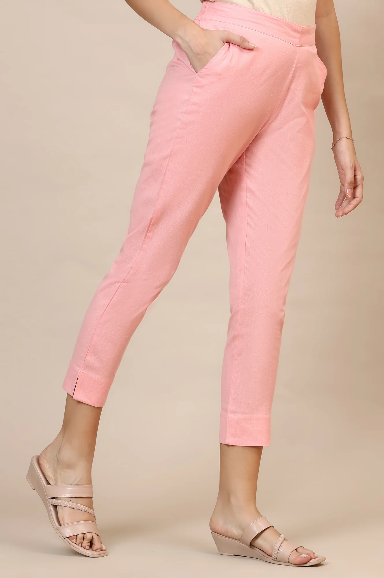 Pink Solid Slim Fit Cotton Trousers With Elasticated Waist - Image 4