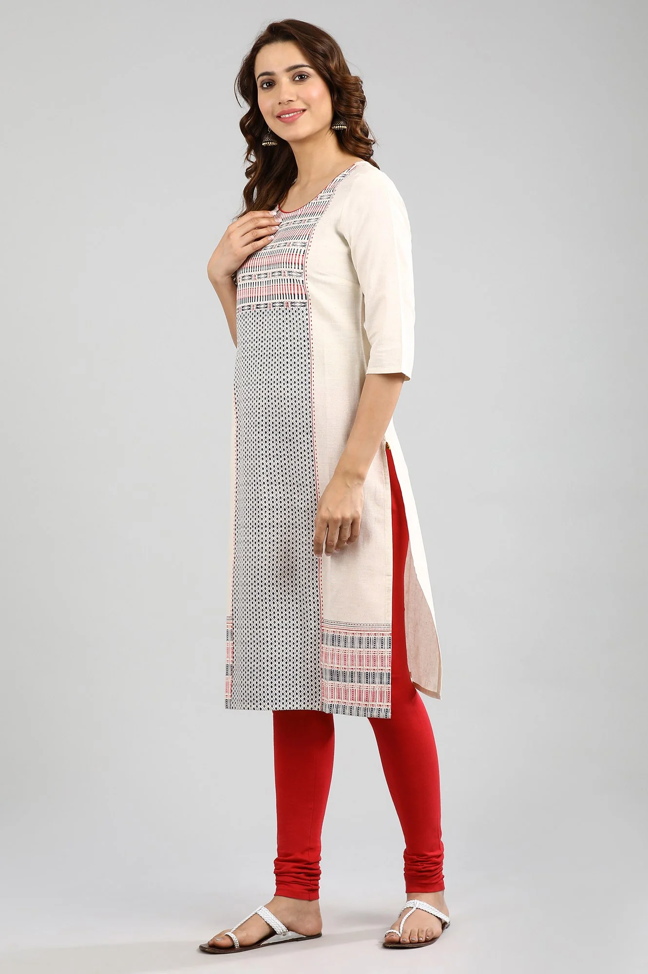 Ecru Round Neck Printed kurta - Image 2