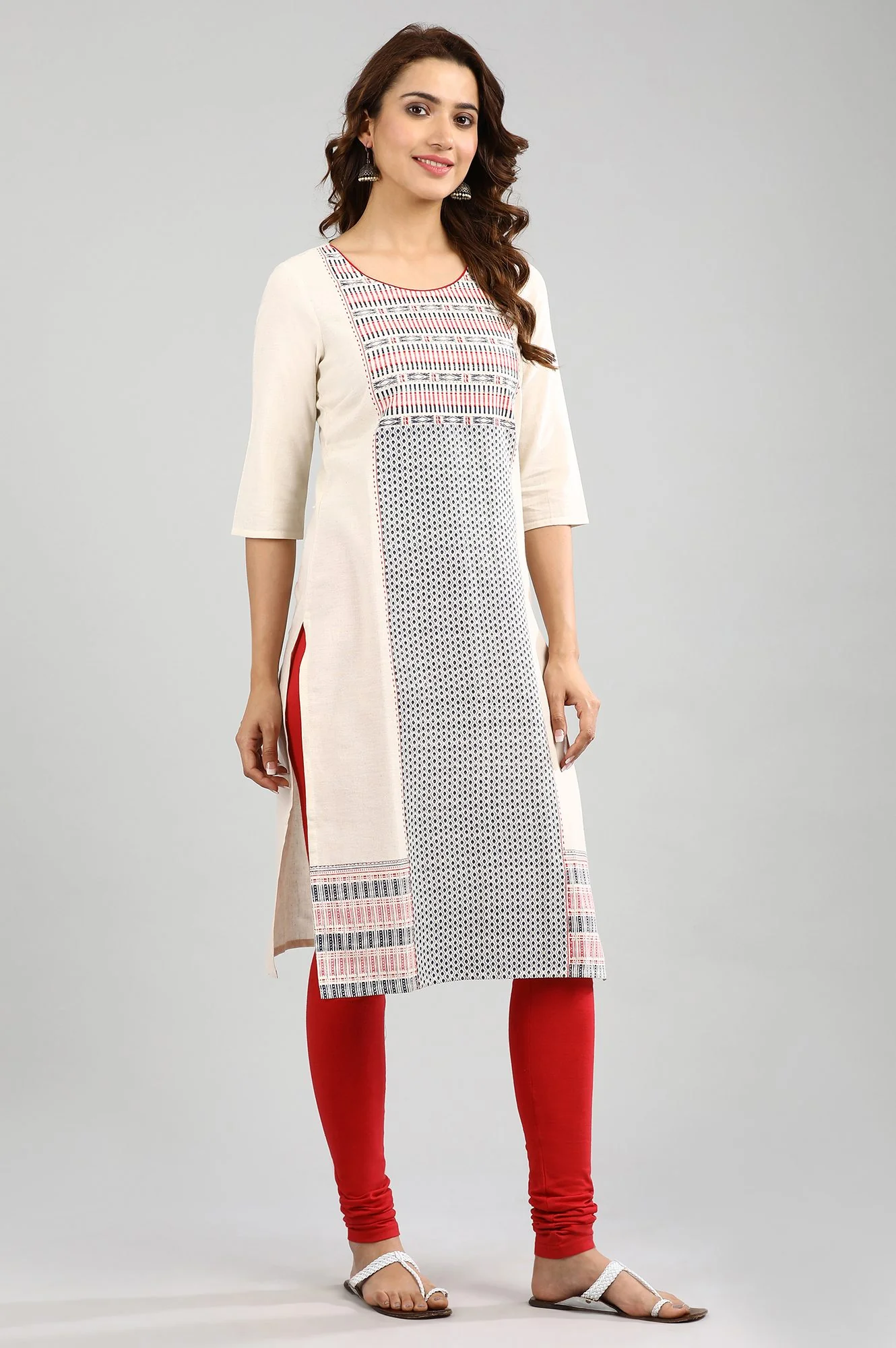Ecru Round Neck Printed kurta - Image 3