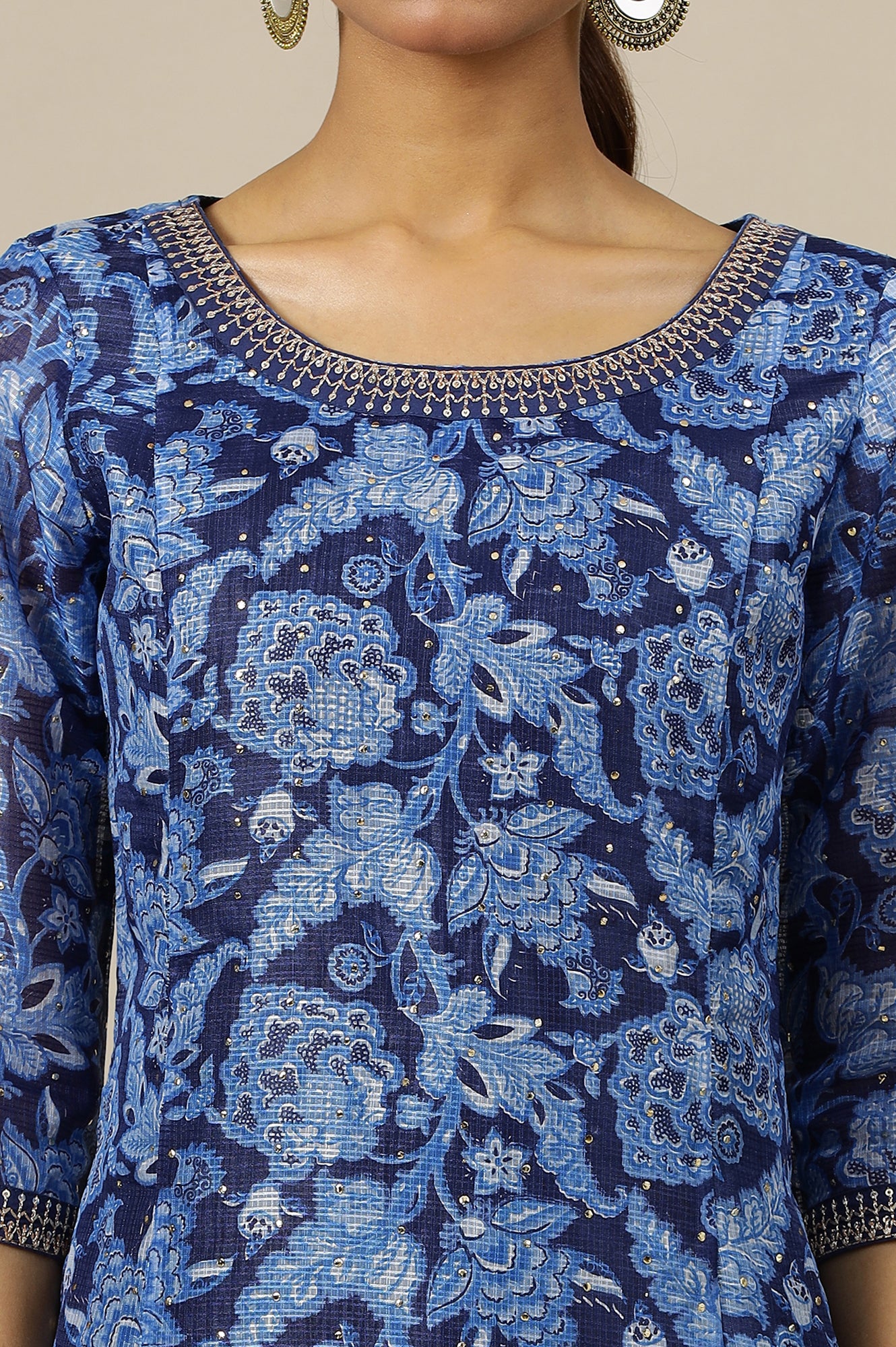 Ensign Blue Flared Kalidar Kota Kurta with Embroidered Neckline - Image 3