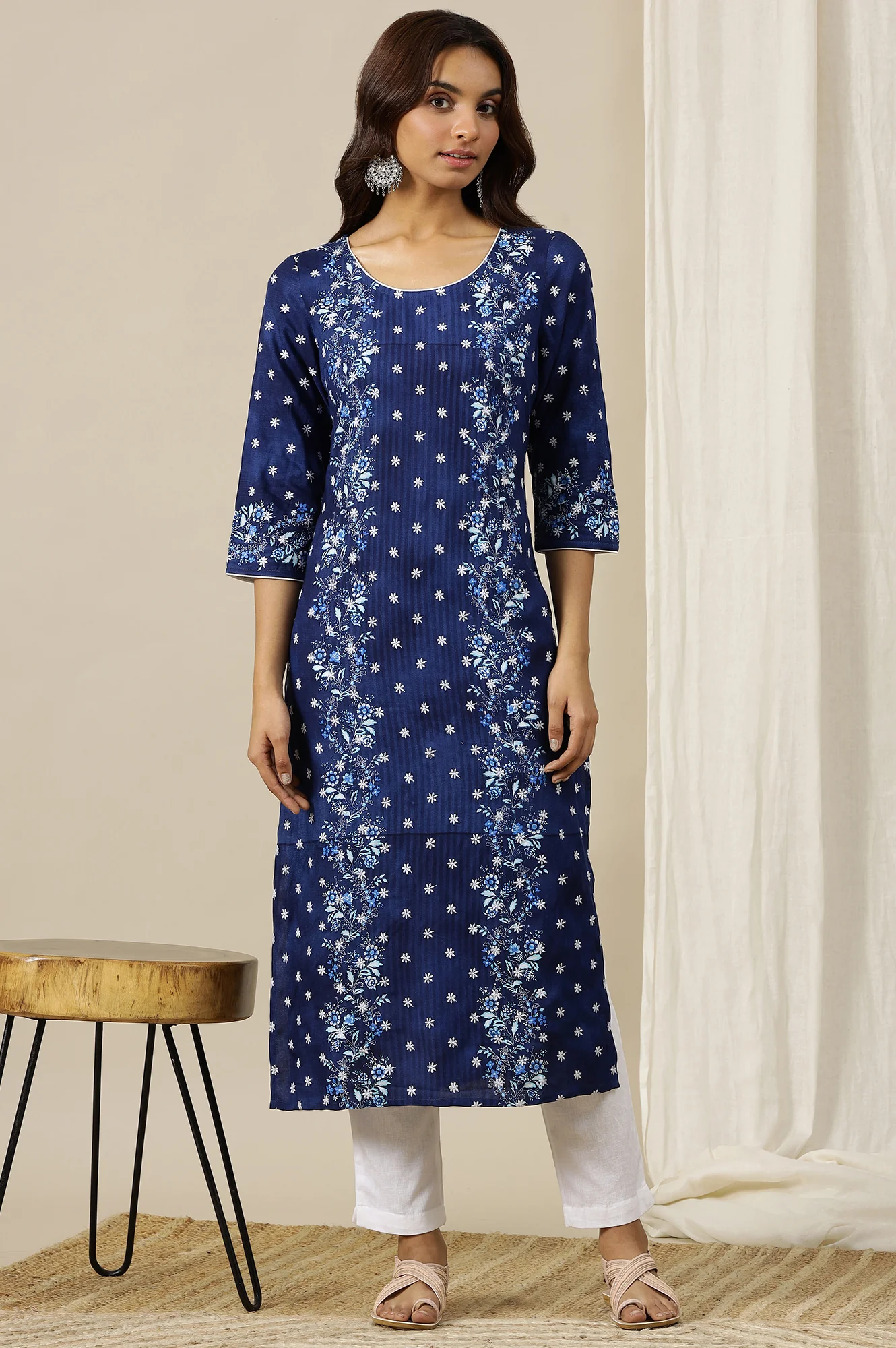 Estate Blue Floral Printed Schiffli Embroidered Breezy Rayon Straight Kurta - Image 2