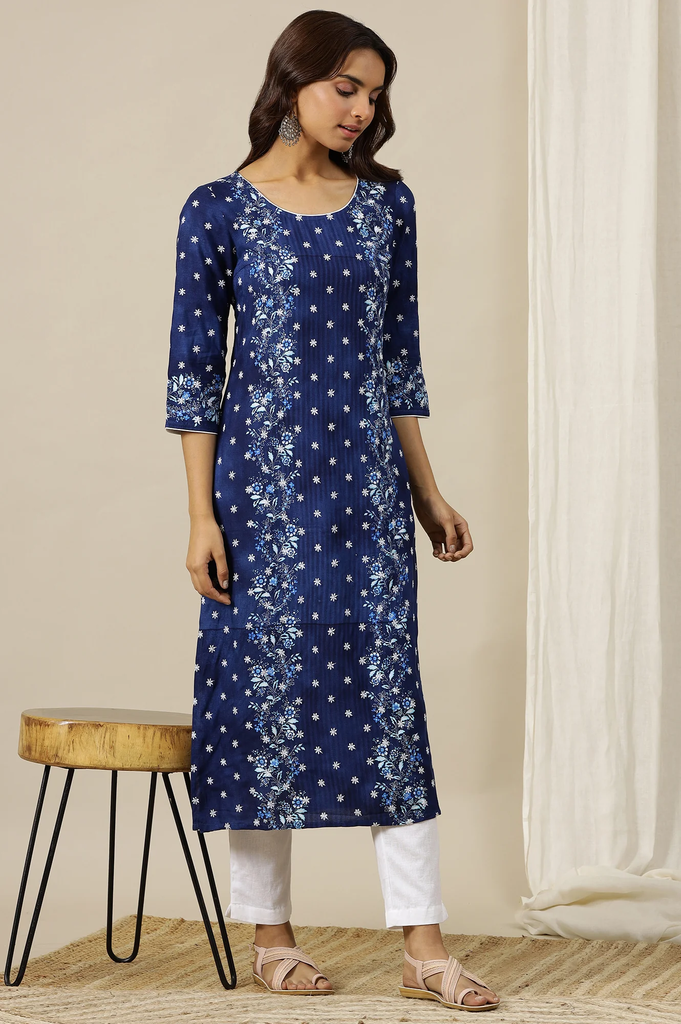 Estate Blue Floral Printed Schiffli Embroidered Breezy Rayon Straight Kurta - Image 6