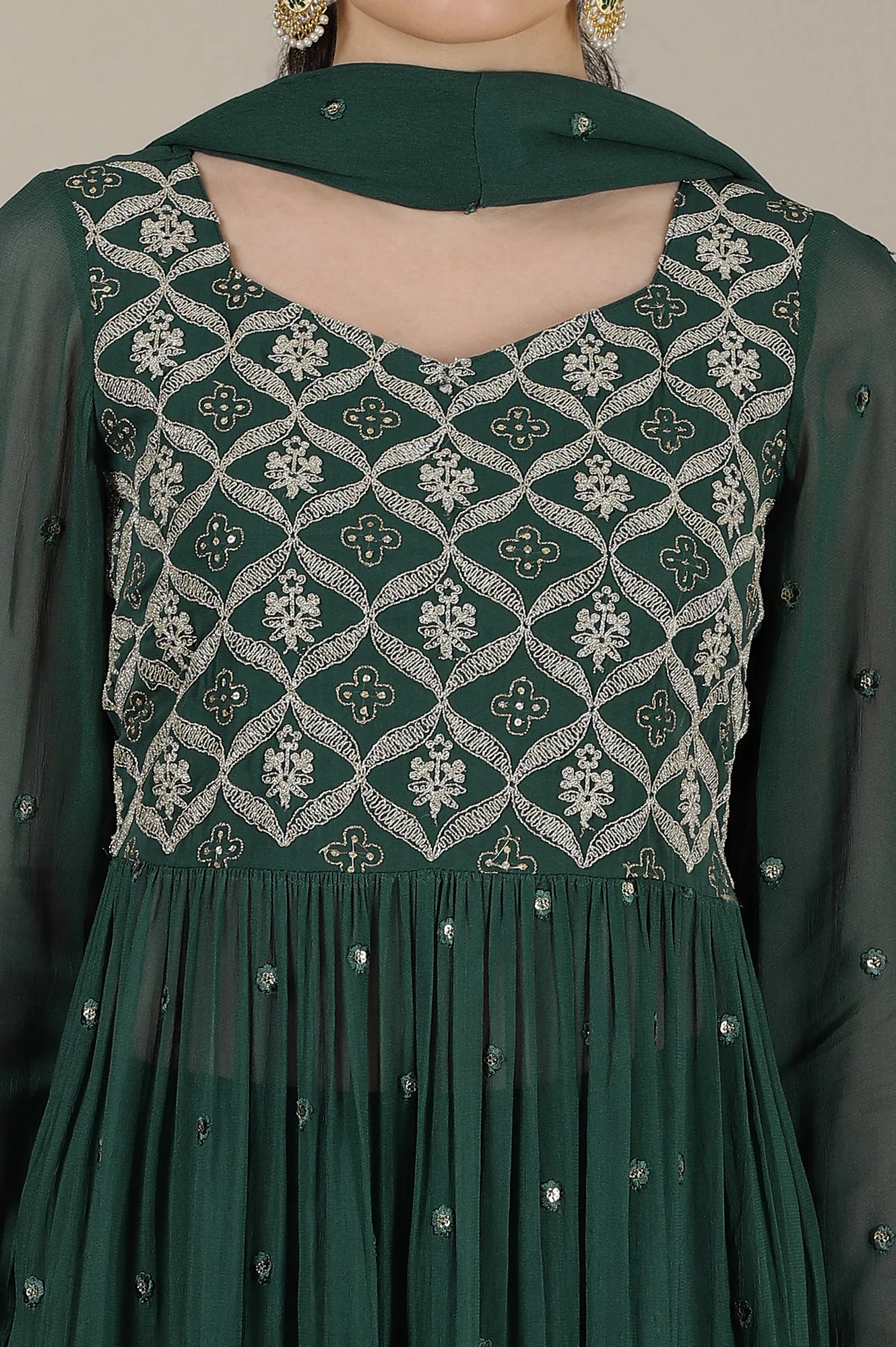 Forest Green Dori Embroidered Naira Cut Kurta, Palazzo and Stole Set - Image 3