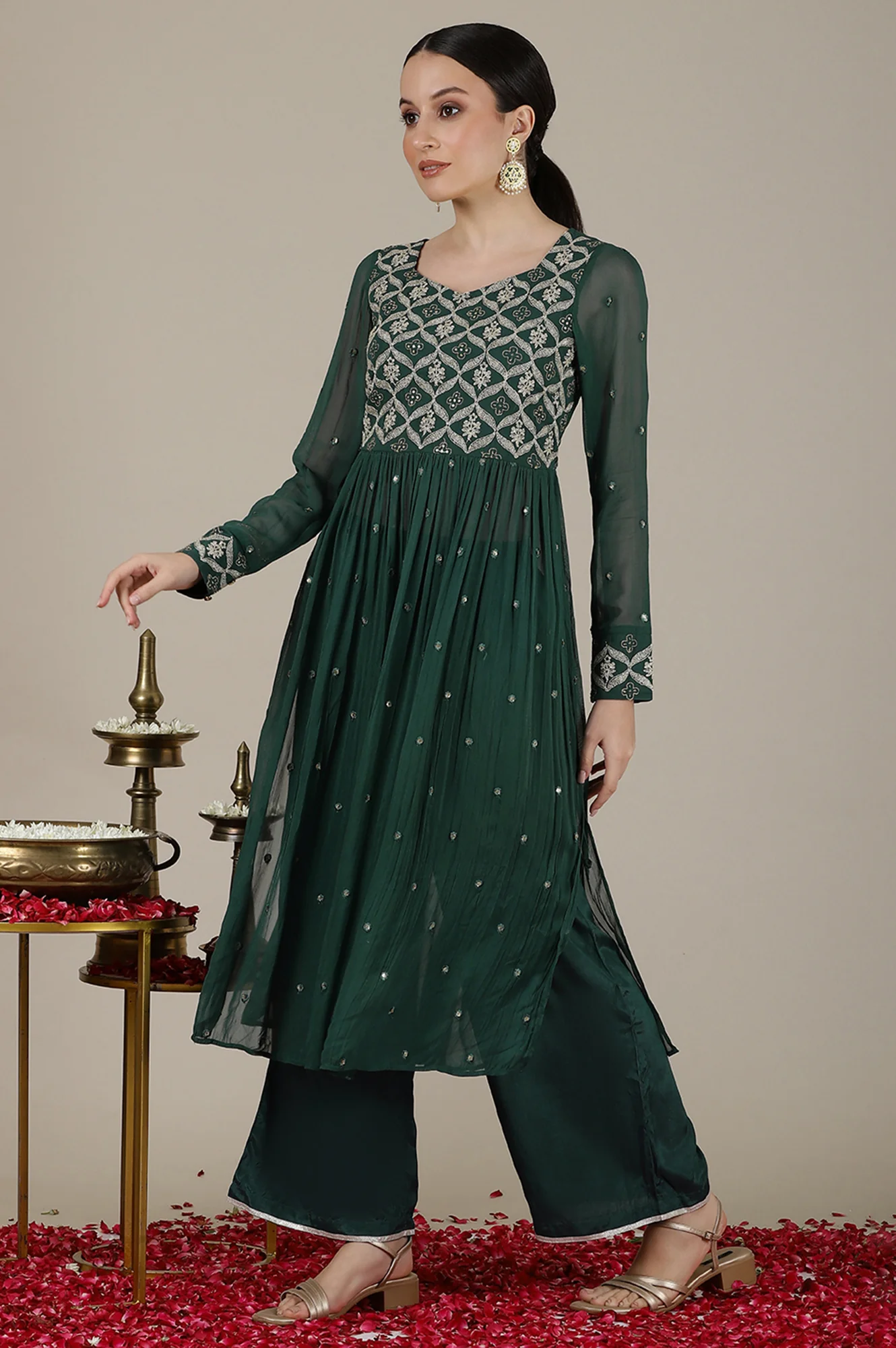 Forest Green Dori Embroidered Naira Cut Kurta, Palazzo and Stole Set - Image 4