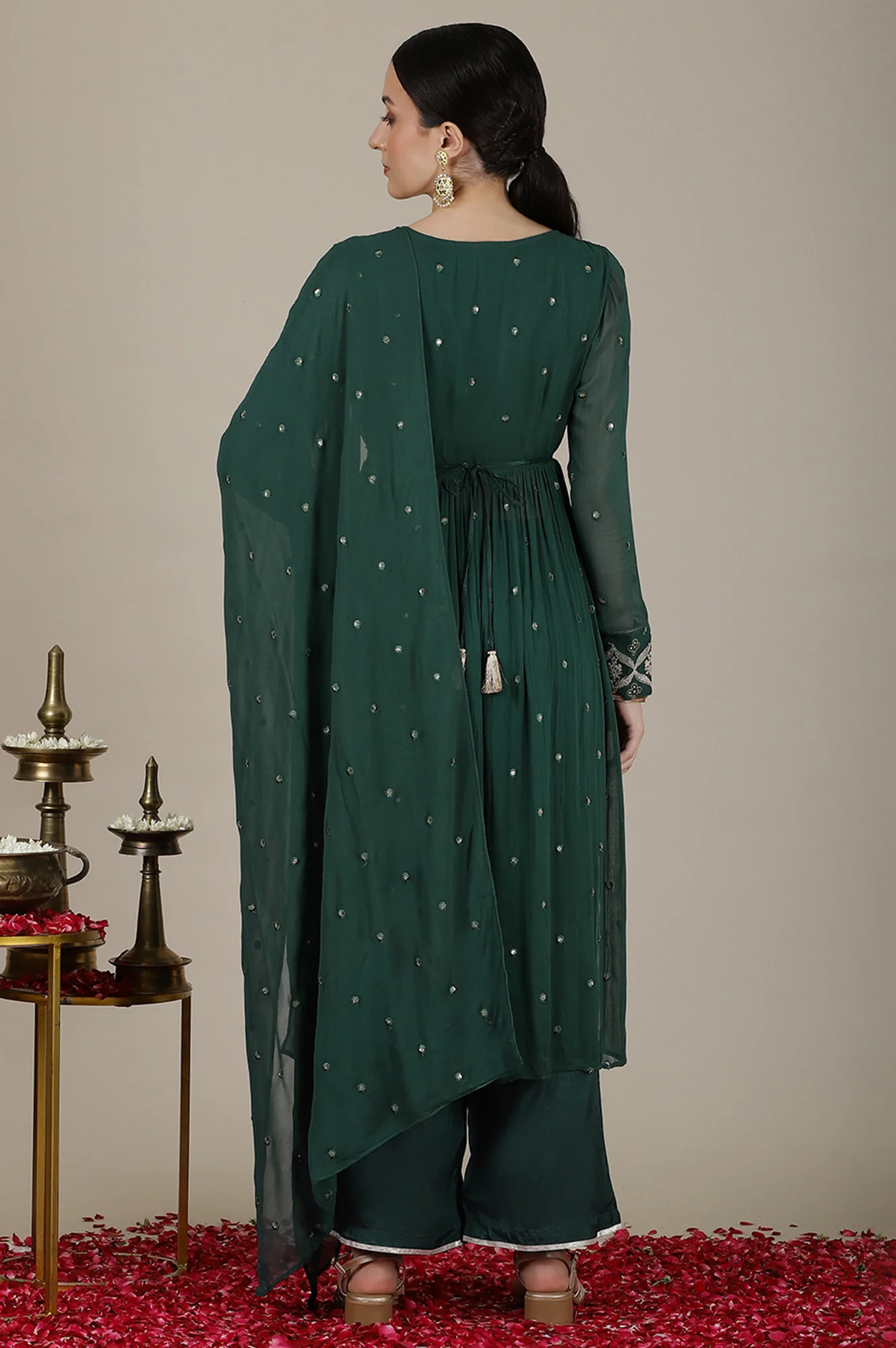 Forest Green Dori Embroidered Naira Cut Kurta, Palazzo and Stole Set - Image 5