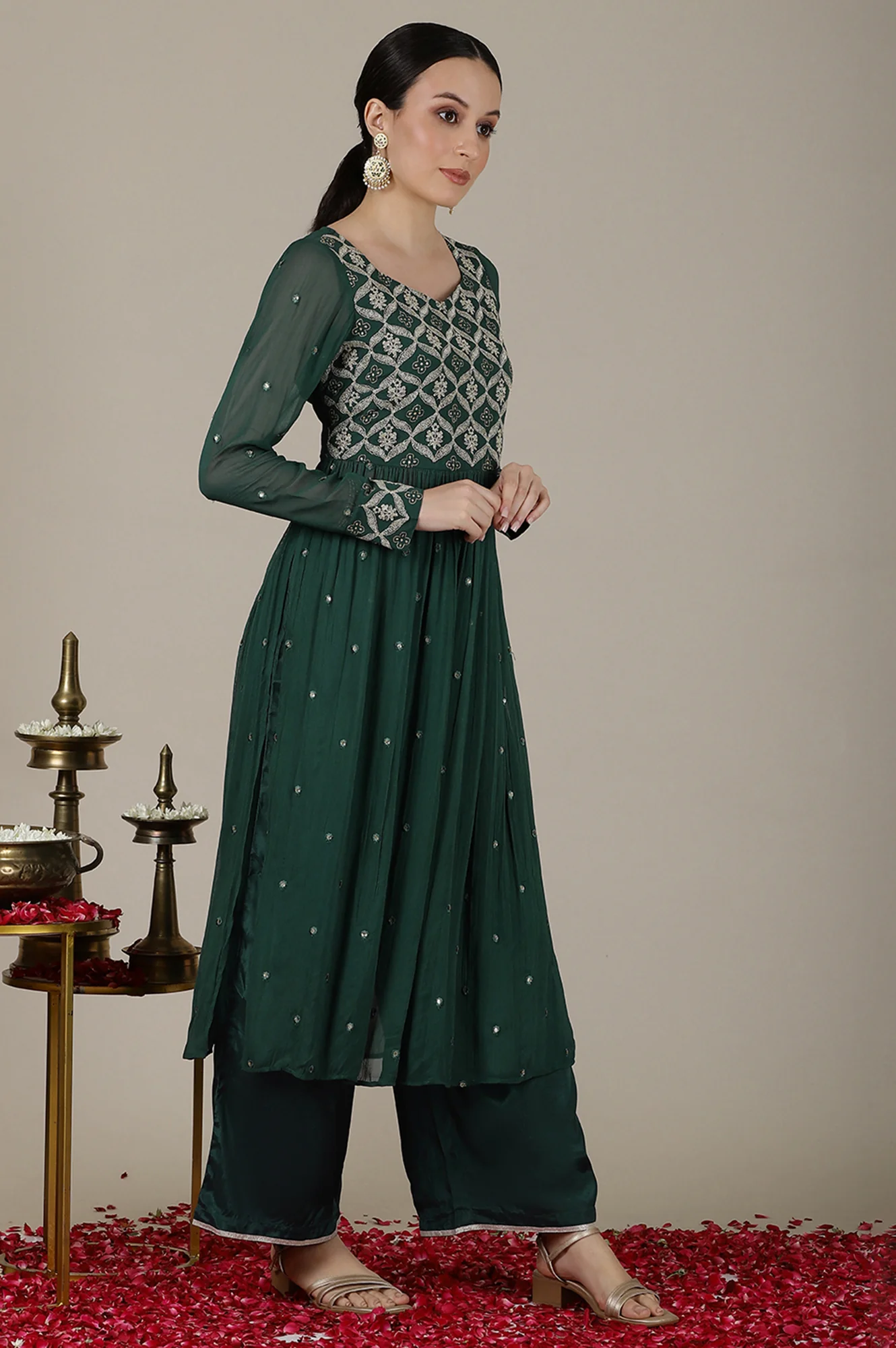 Forest Green Dori Embroidered Naira Cut Kurta, Palazzo and Stole Set - Image 6