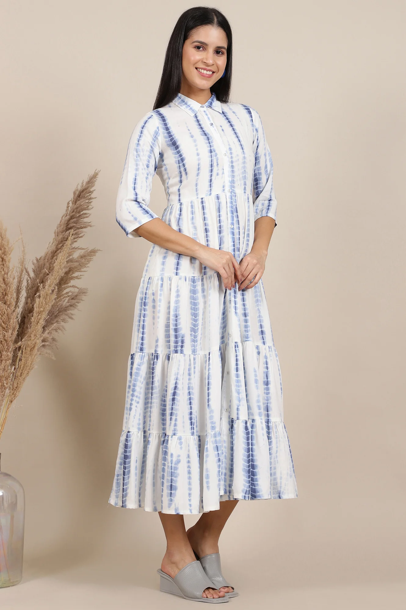 Blue Geometric Printed A-Line Viscose Dress - Image 7
