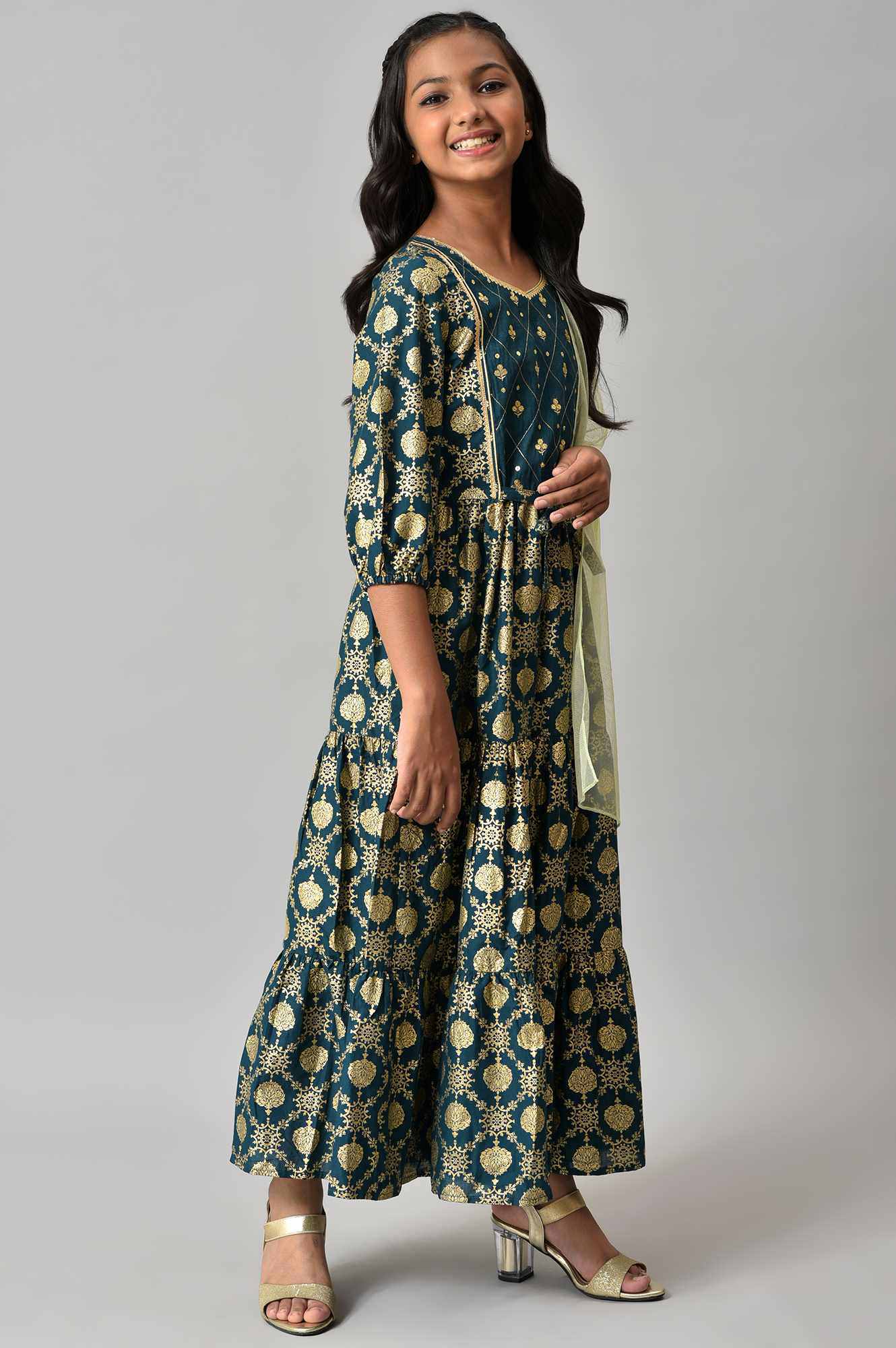 Girls Green Embroidered Festive Dress - Image 4