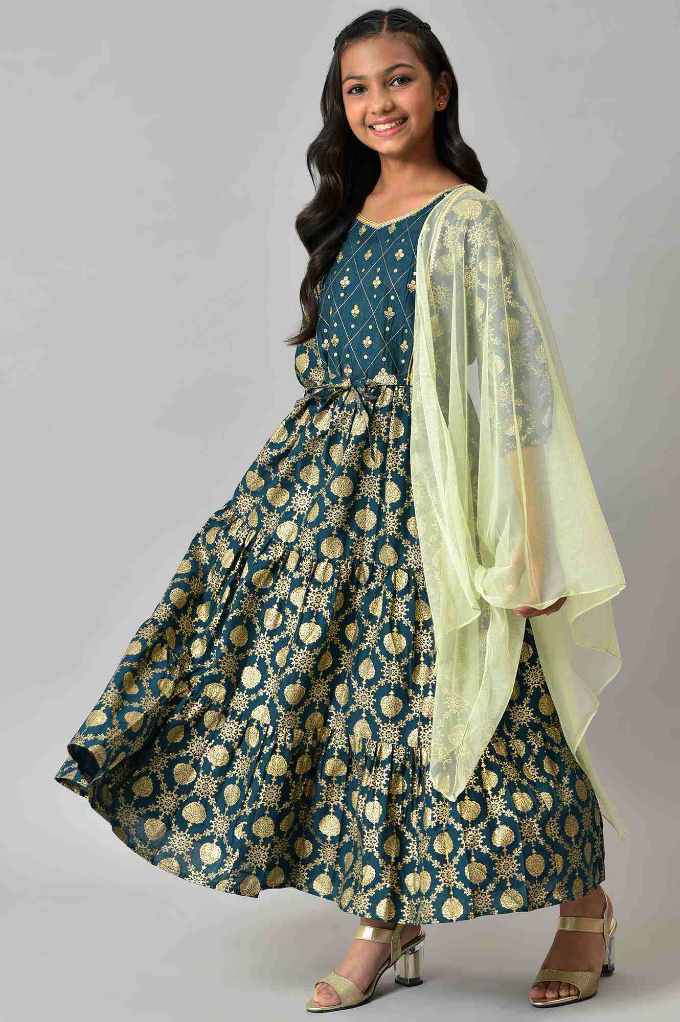Girls Green Embroidered Festive Dress - Image 7