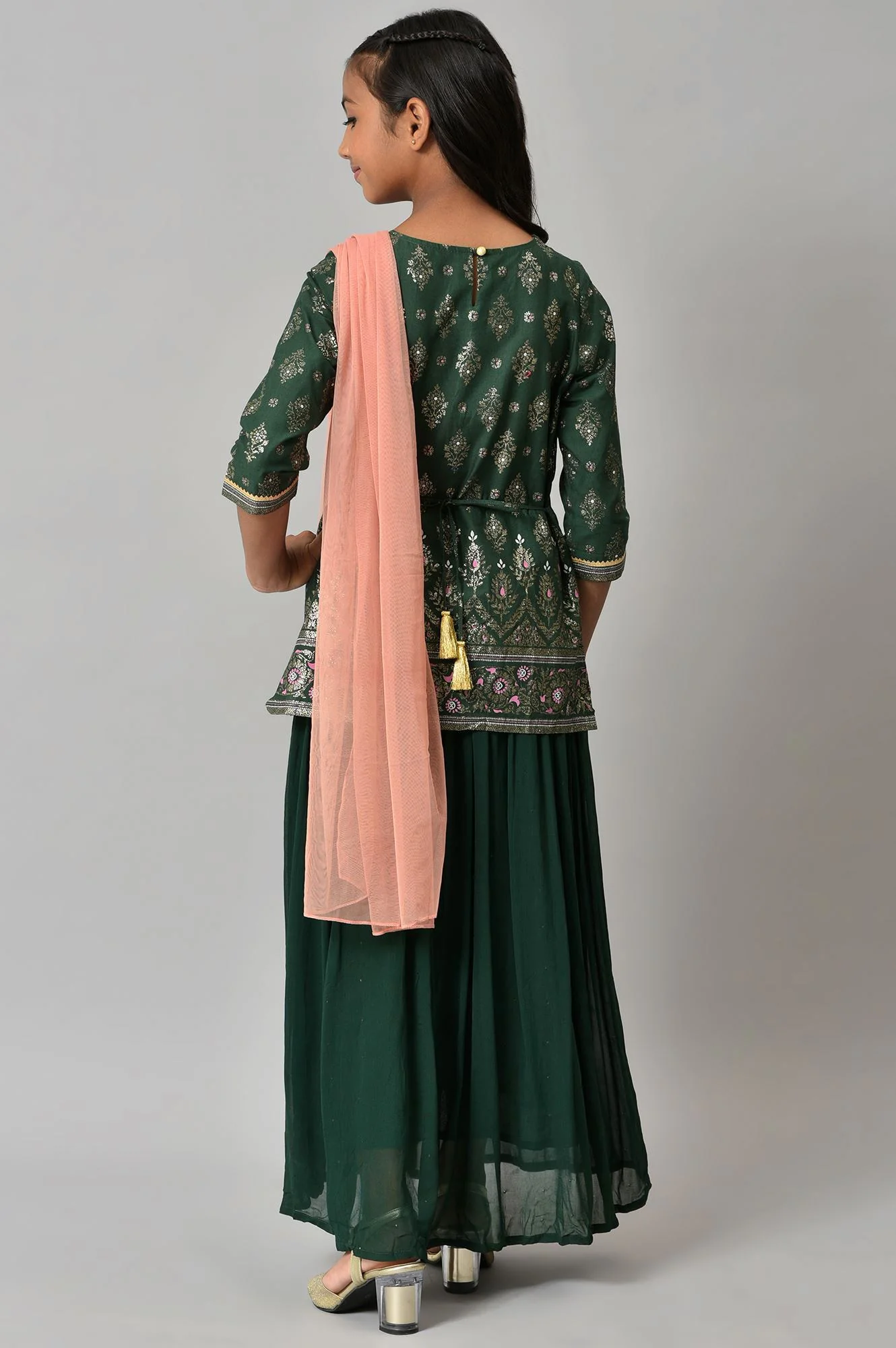 Girls Green Embroidered Festive Dress With Peach Dupatta - Image 2