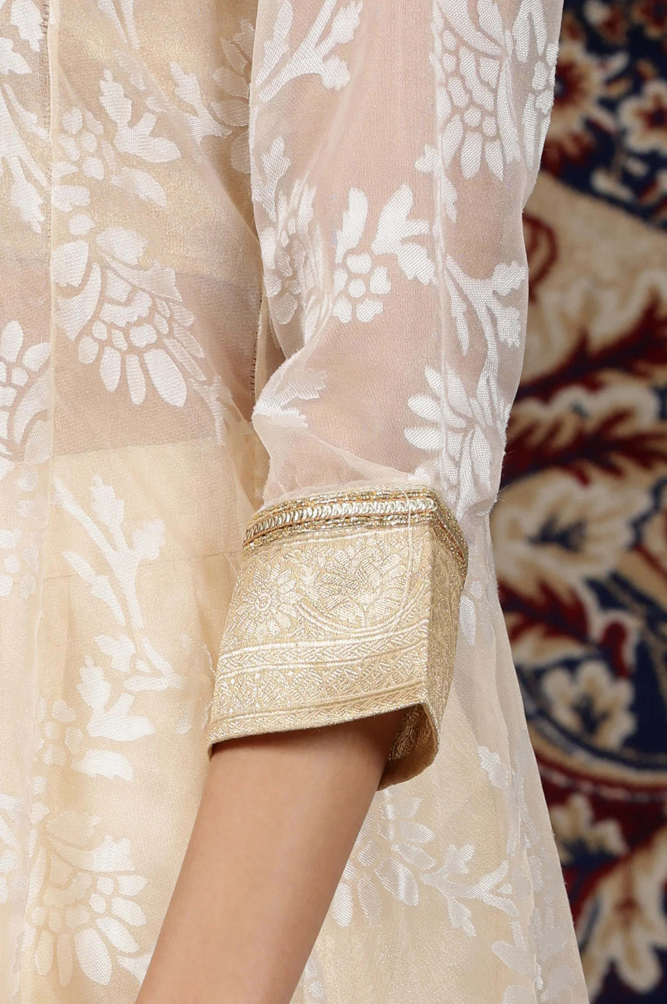 Gold Embellished Sleeveless Brocade Crop Top, Beige Long Gilet and Flared Palazzo Set - Image 9