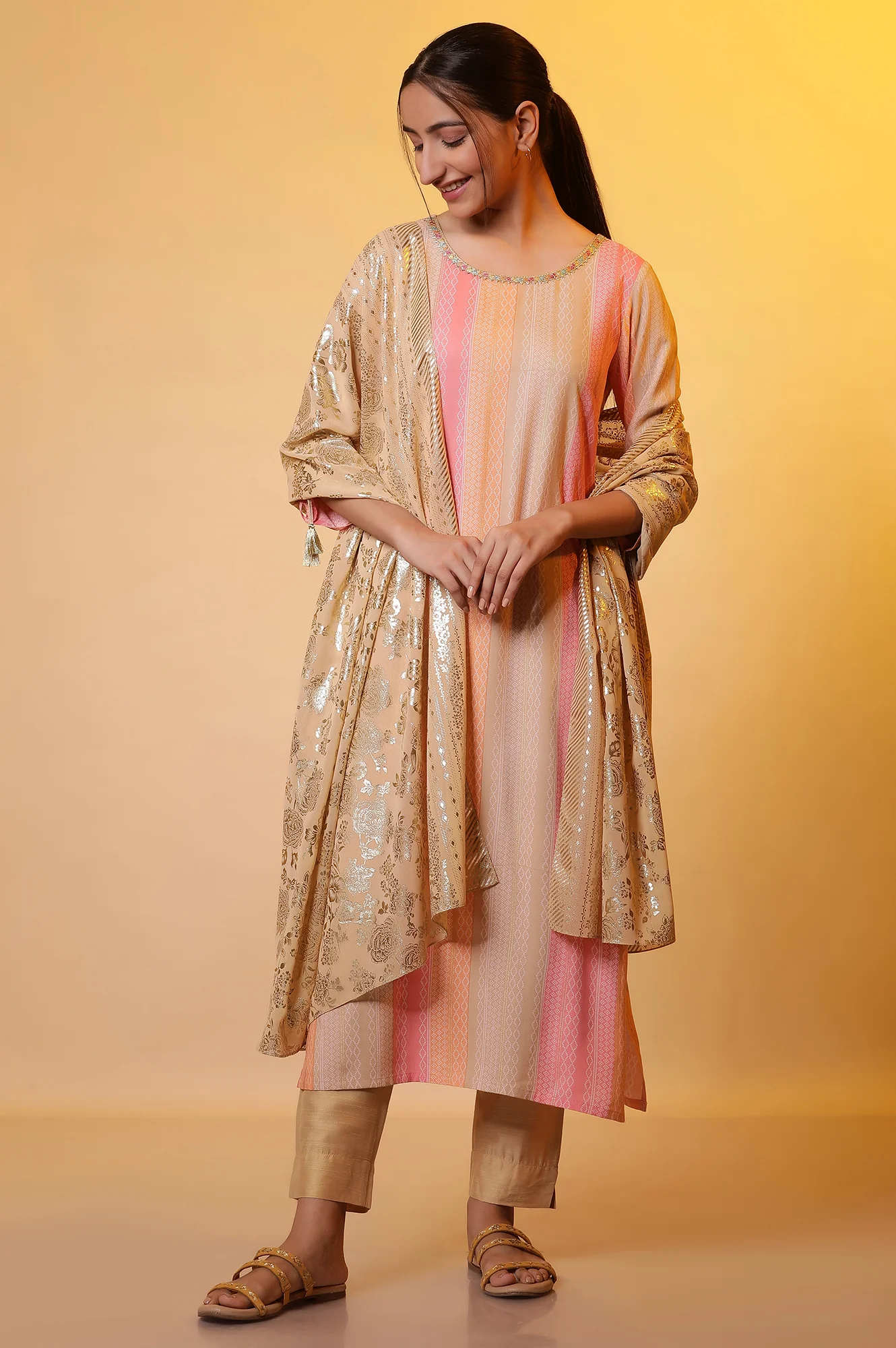 Gold Floral Printed Dupatta - Image 3
