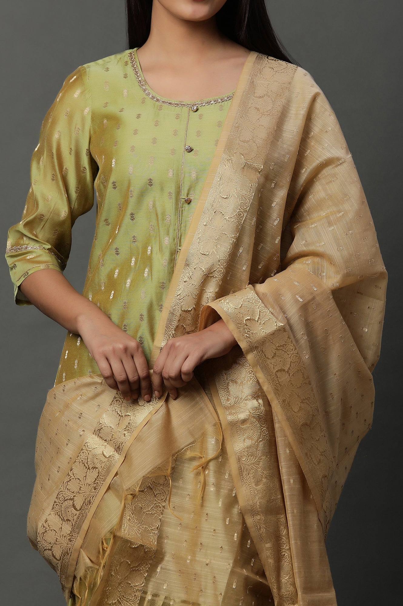 Gold Polka Dot Printed Banarasi Dupatta - Image 4