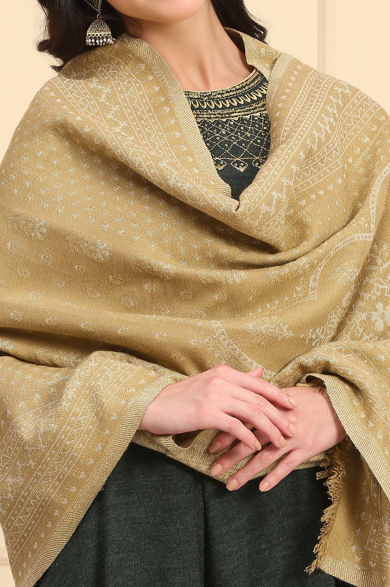 Gold Self Design Woven Acrylic Shawl - Image 3