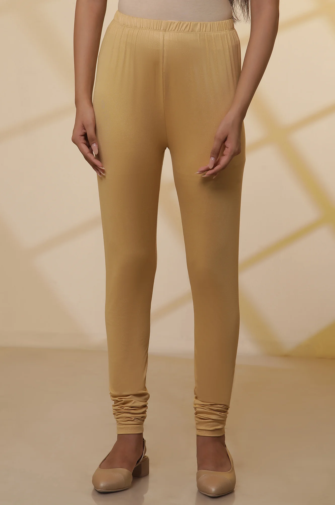 Gold Solid Shimmer Skinny Knitted Churidar