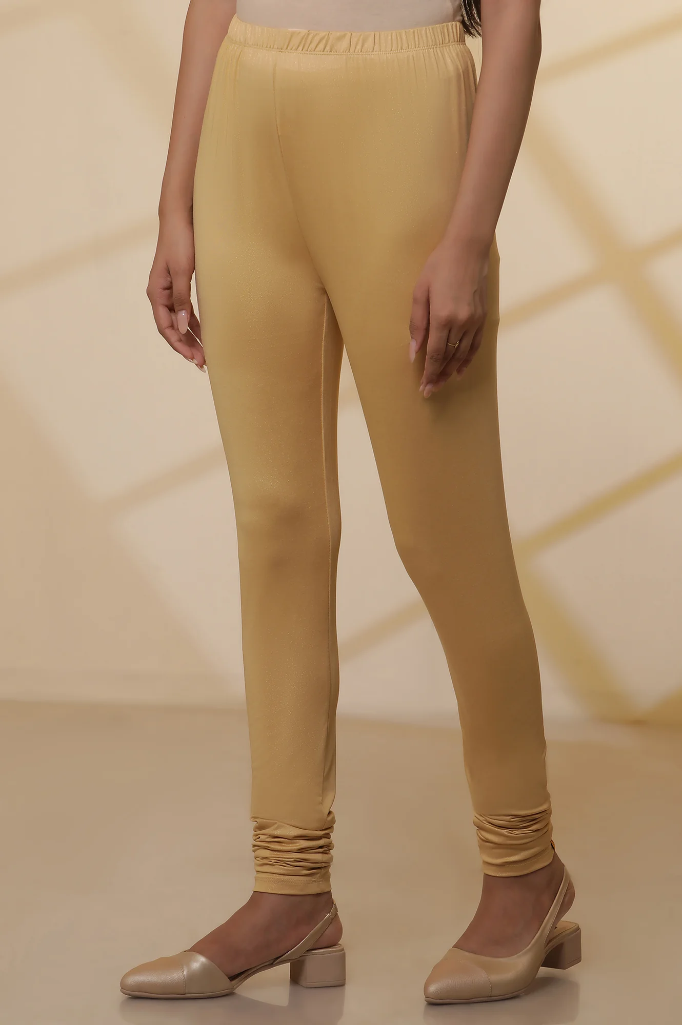 Gold Solid Shimmer Skinny Knitted Churidar - Image 2