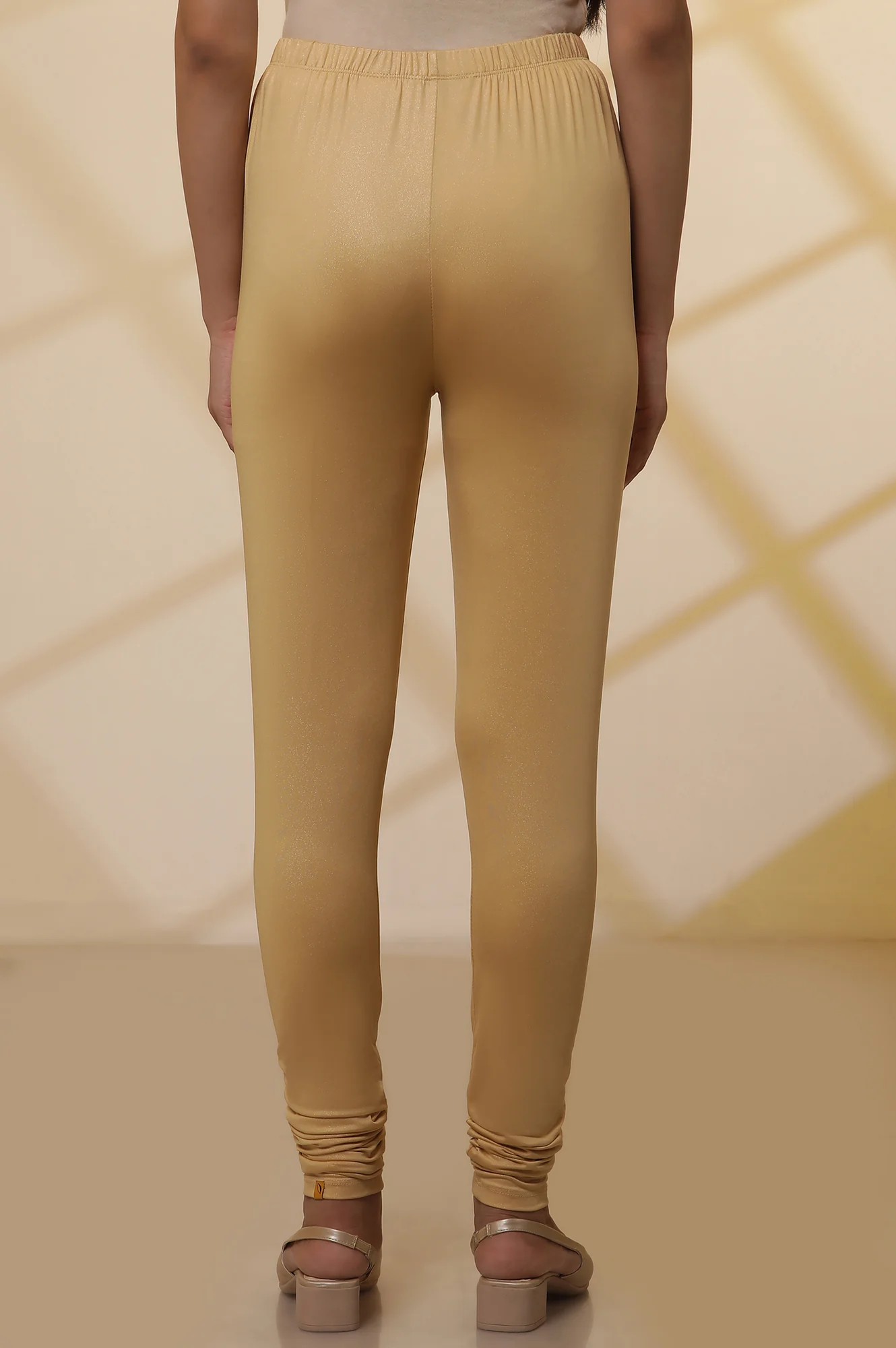 Gold Solid Shimmer Skinny Knitted Churidar - Image 3