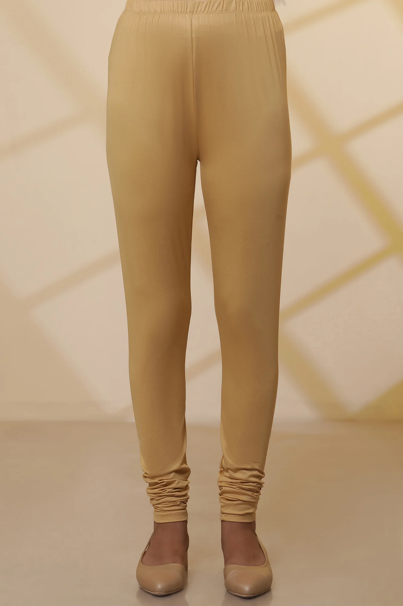 Gold Solid Shimmer Skinny Knitted Churidar - Image 6