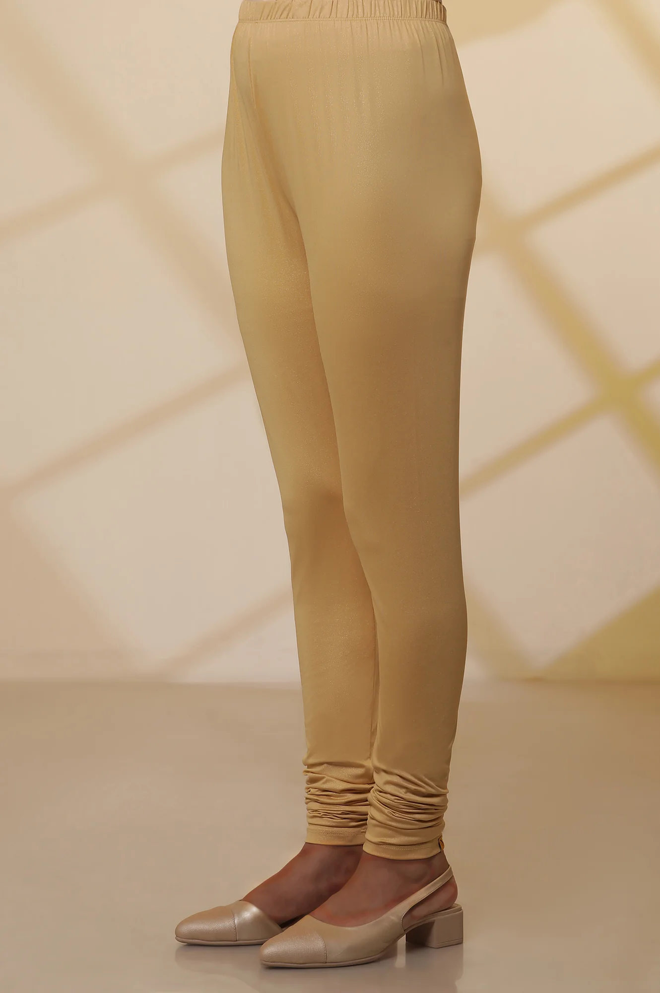 Gold Solid Shimmer Skinny Knitted Churidar - Image 7