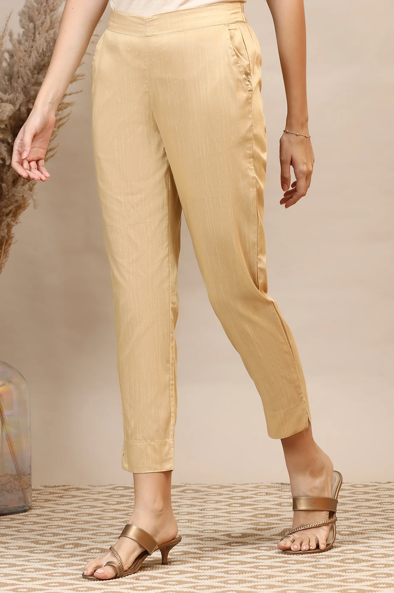 Gold Solid Straight Fit Ankle Length Trousers - Image 3