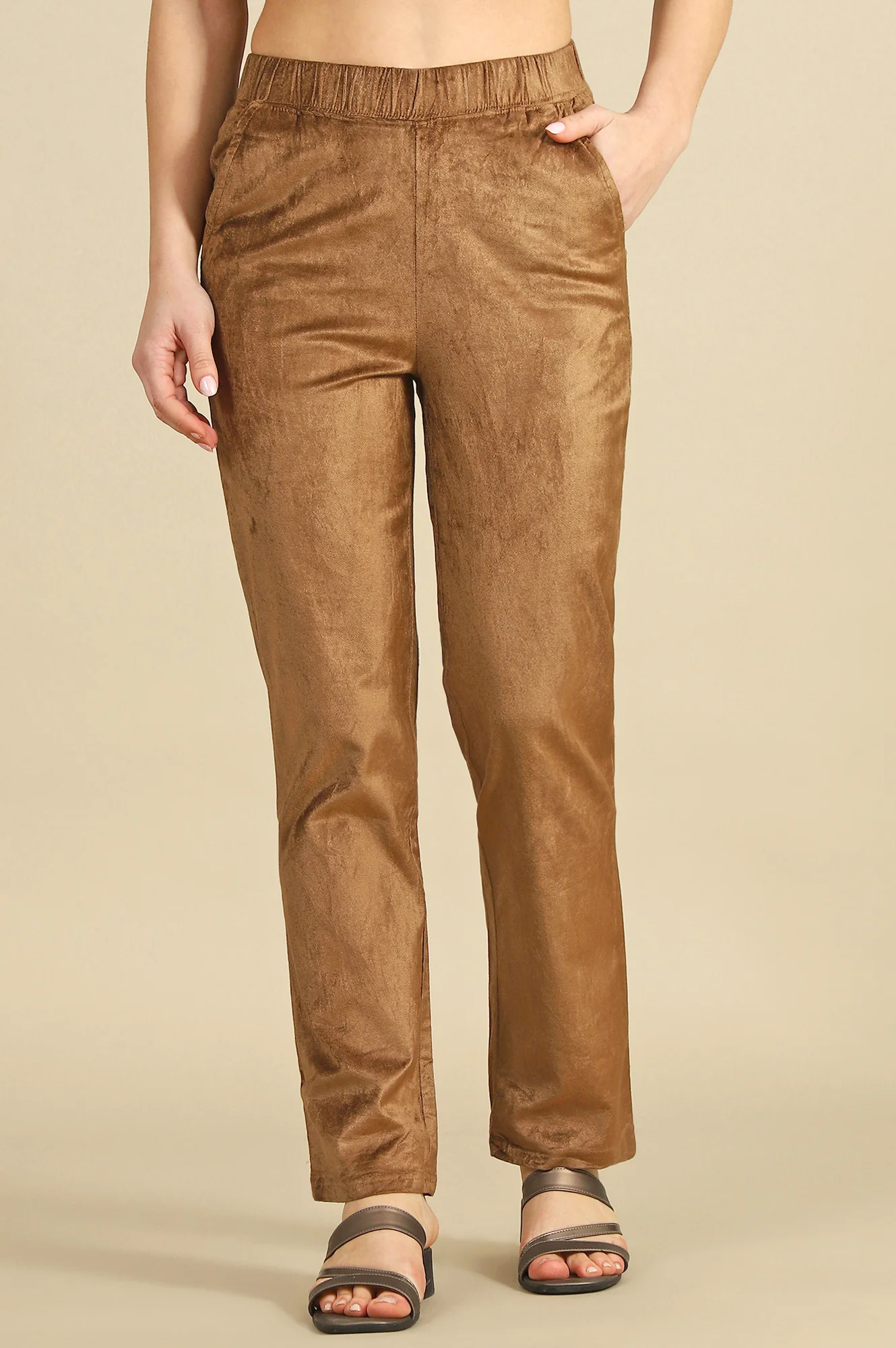 Gold Solid Straight Fit Cotton Pants - Image 2