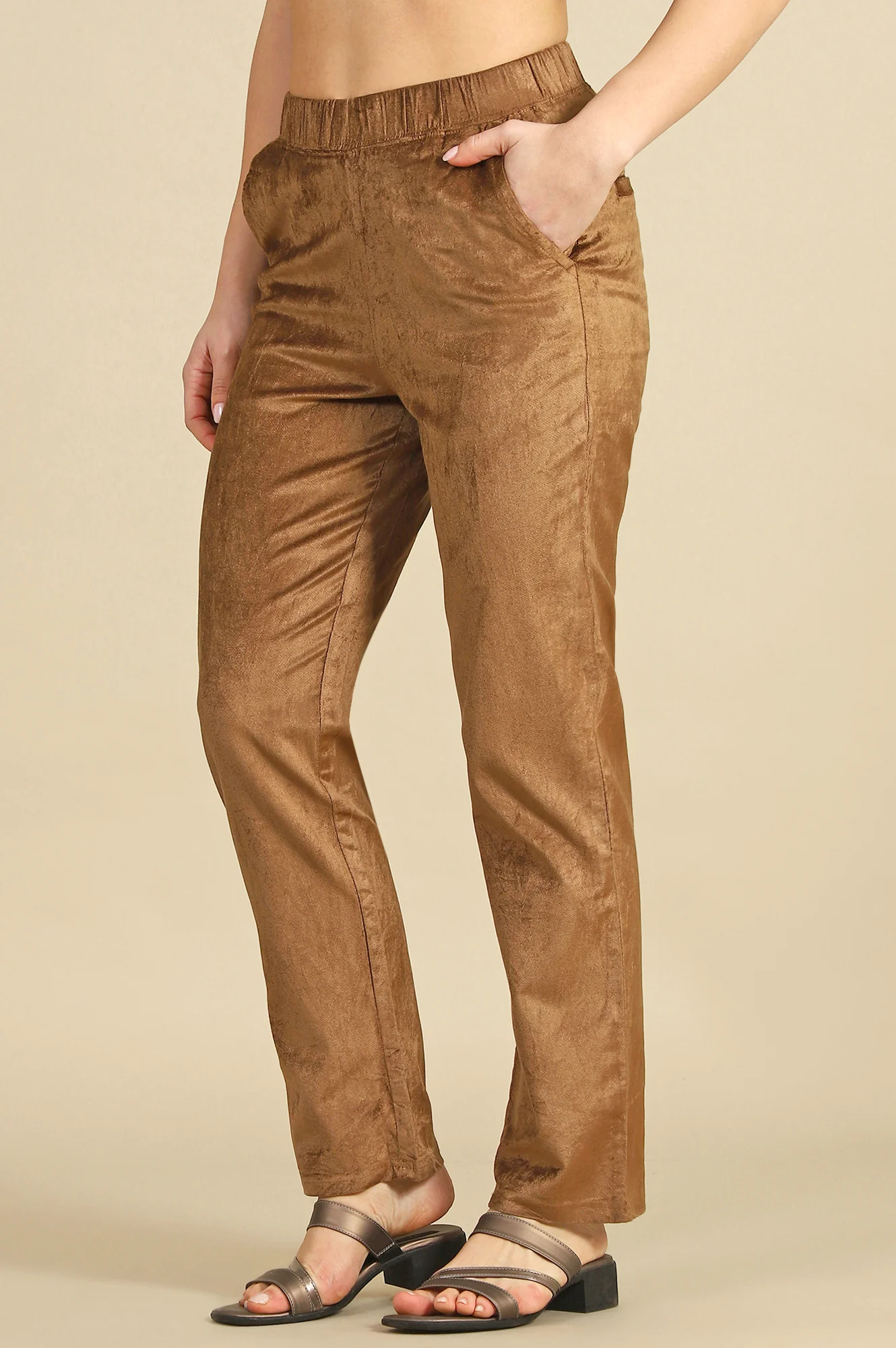 Gold Solid Straight Fit Cotton Pants - Image 4