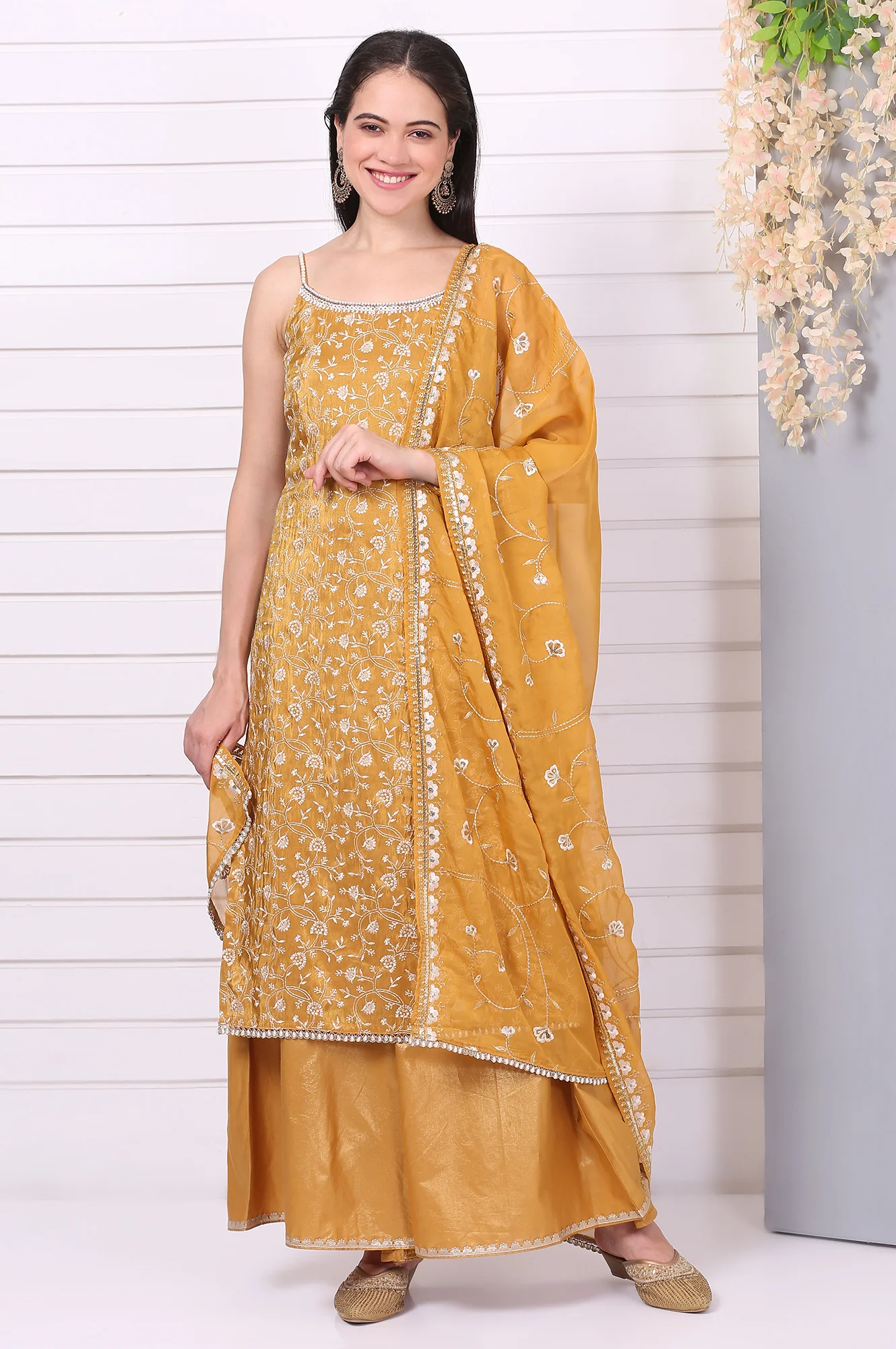 Gold Thread Embroidered Straight Spaghetti Kurta, Palazzos and Dupatta Set - Image 2