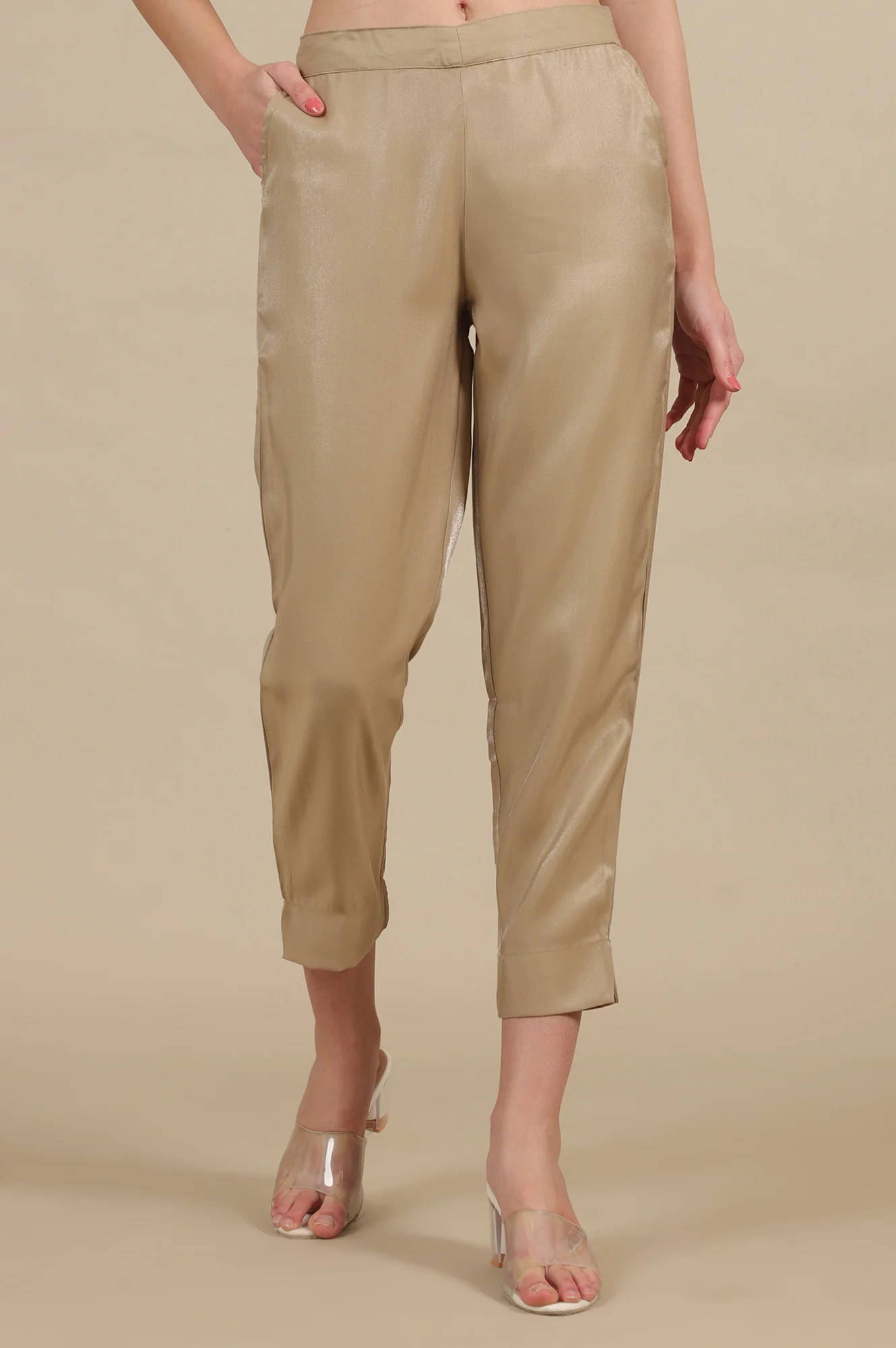 Gold Solid Straight Fit Trousers With Elasticated Waist