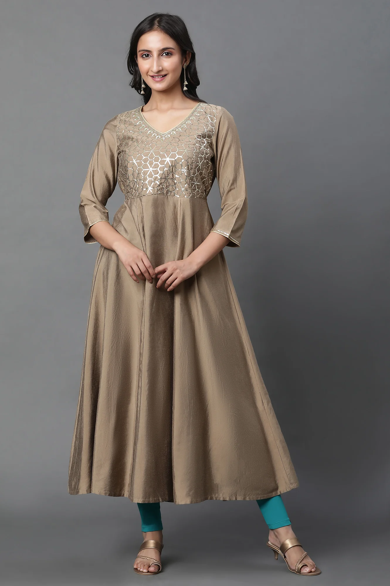 Golden Zari Embroidered Flared Festive Kurta - Image 2