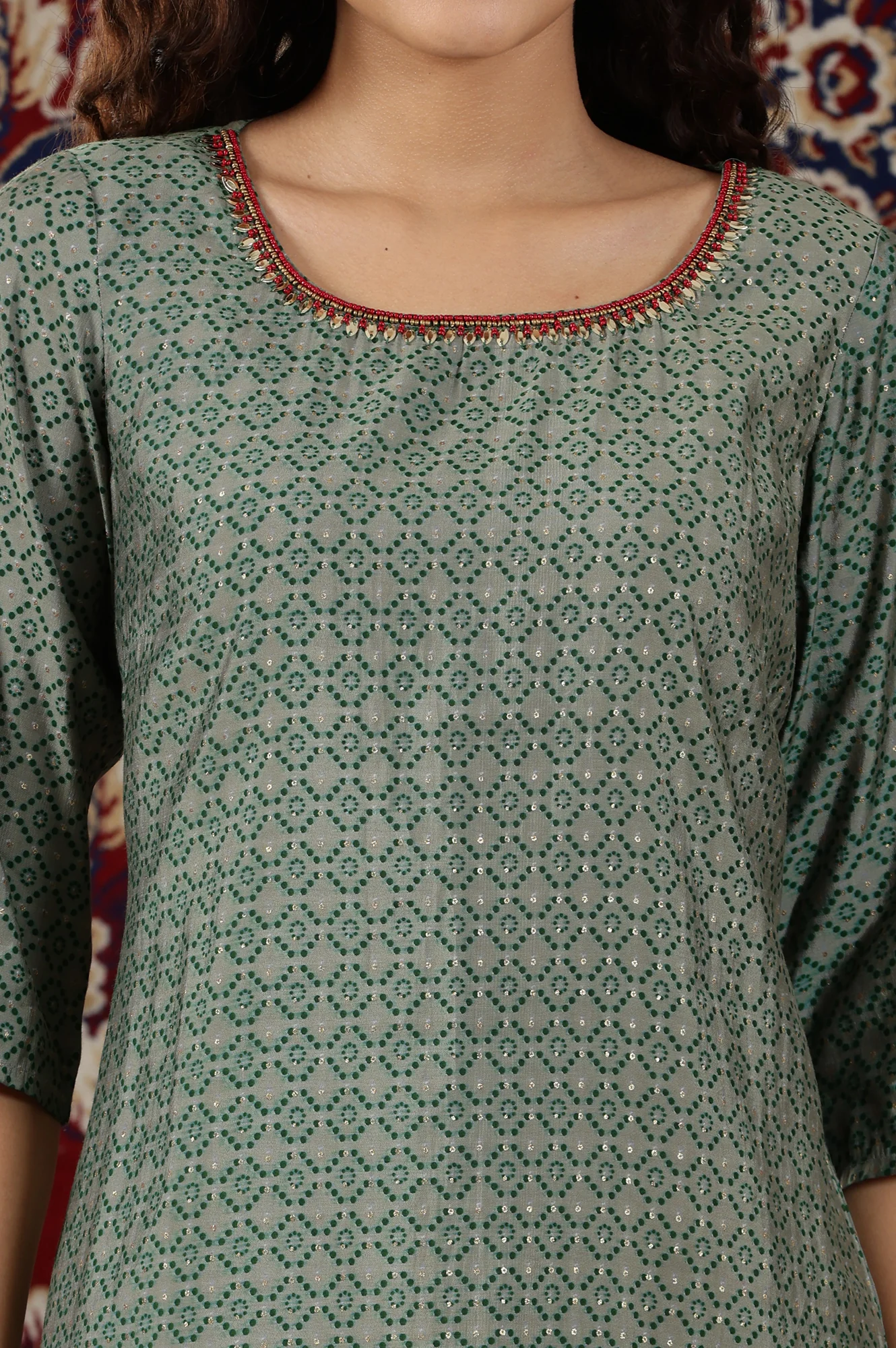 Green Abstract Ombre Printed Sequined Straight Kurta - Image 3
