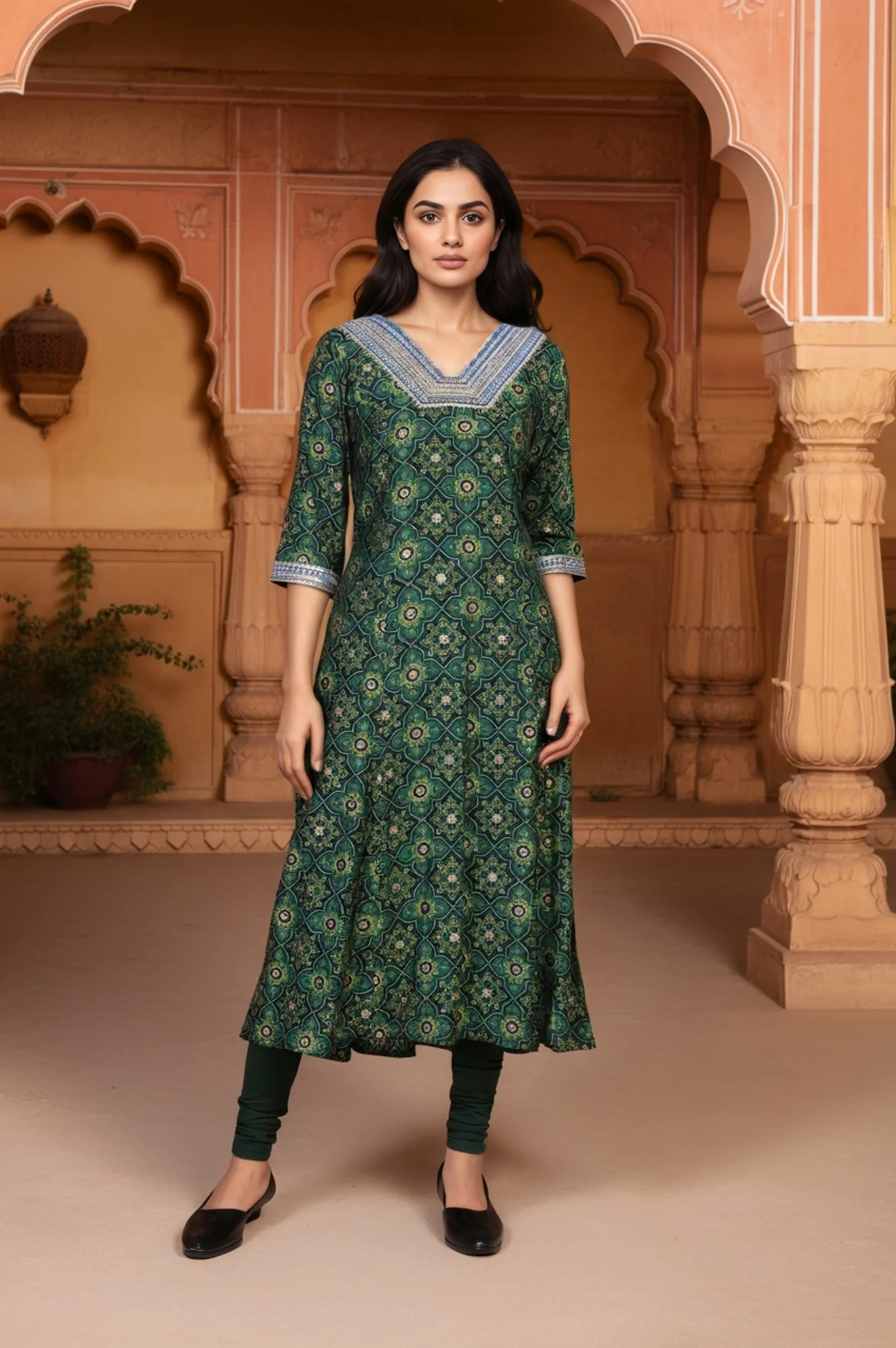 Green Abstract Print Thread Work A-Line Woven Kurta