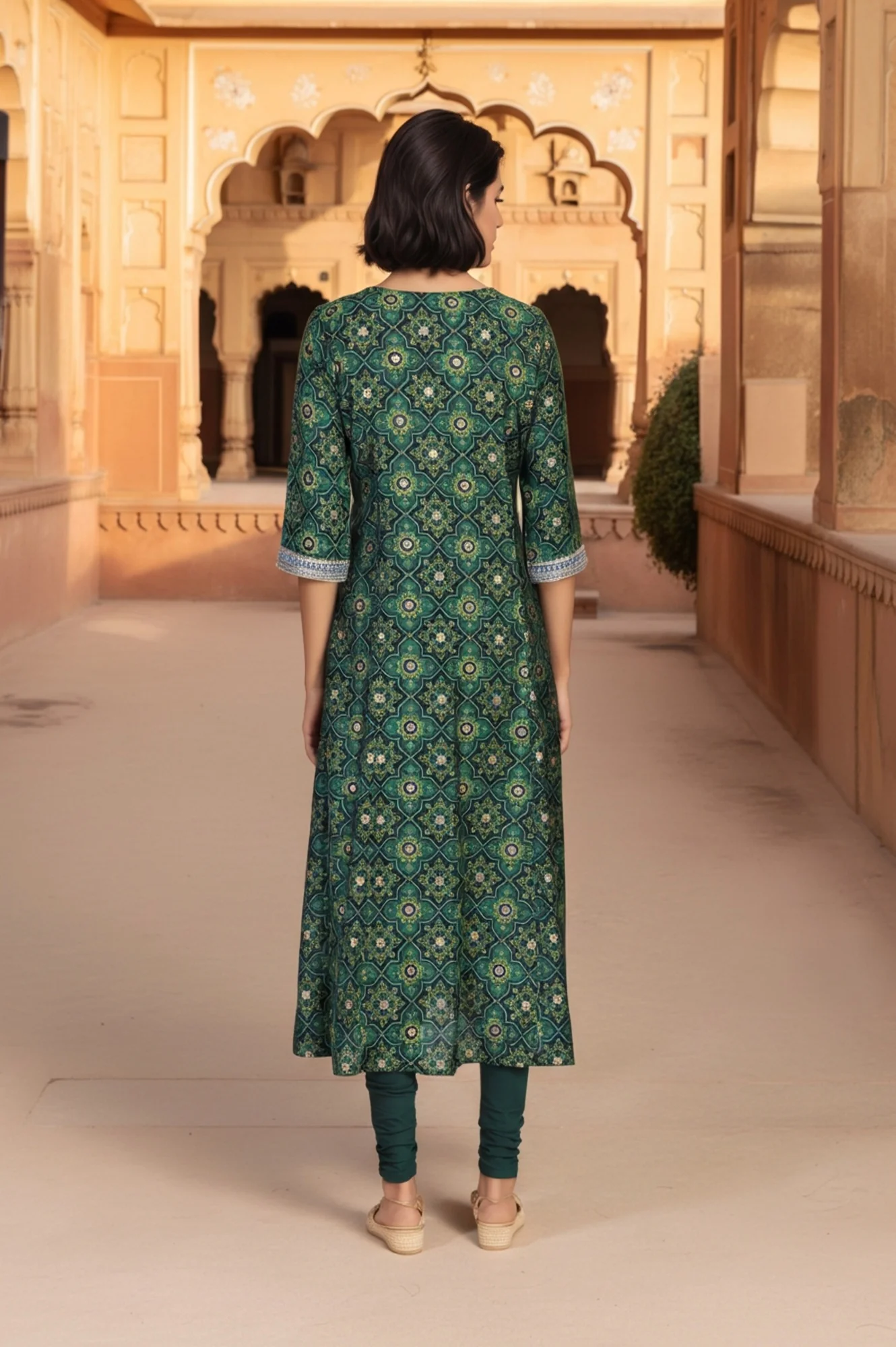 Green Abstract Print Thread Work A-Line Woven Kurta - Image 5