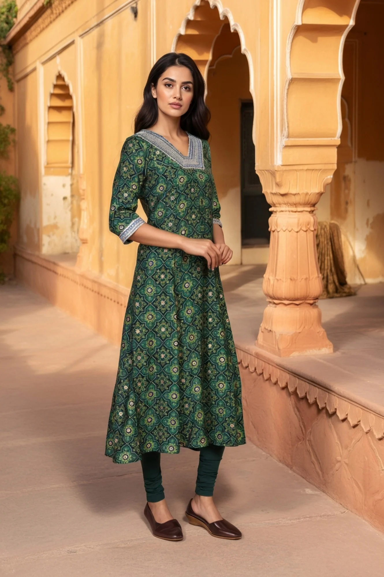 Green Abstract Print Thread Work A-Line Woven Kurta - Image 6