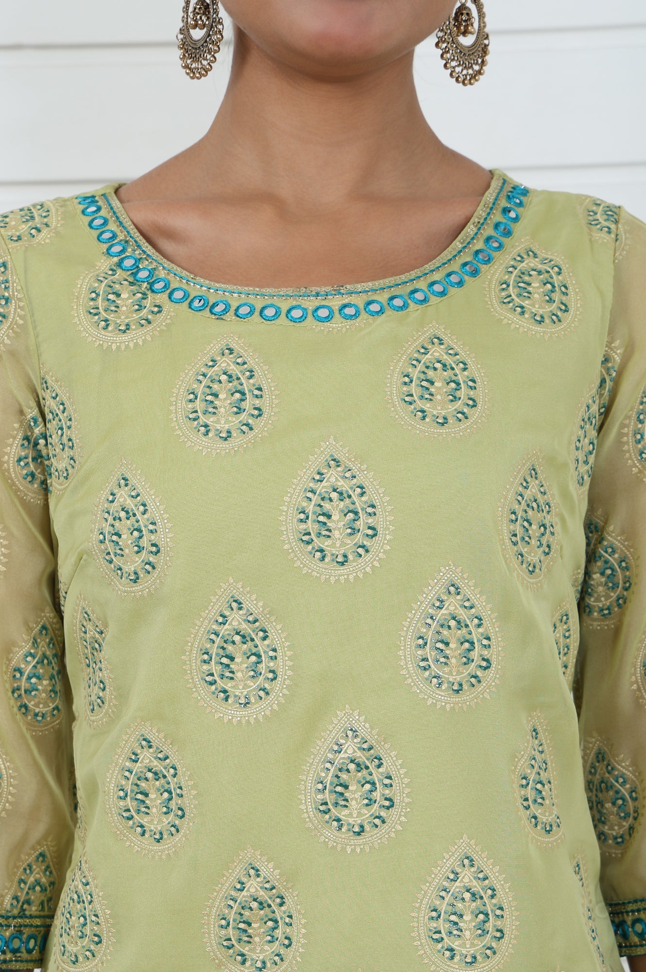 Green Abstract Printed Mirror Work Organza Straight Kurta - Image 3