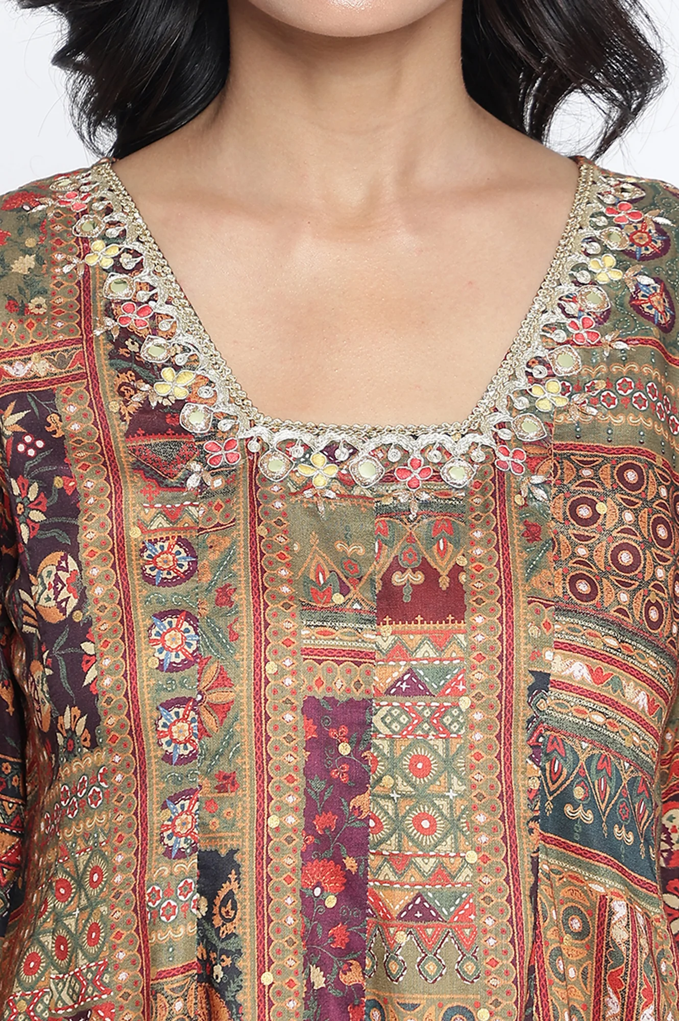 Green Abstract Printed Zari Muslin Flared Kurta - Image 2