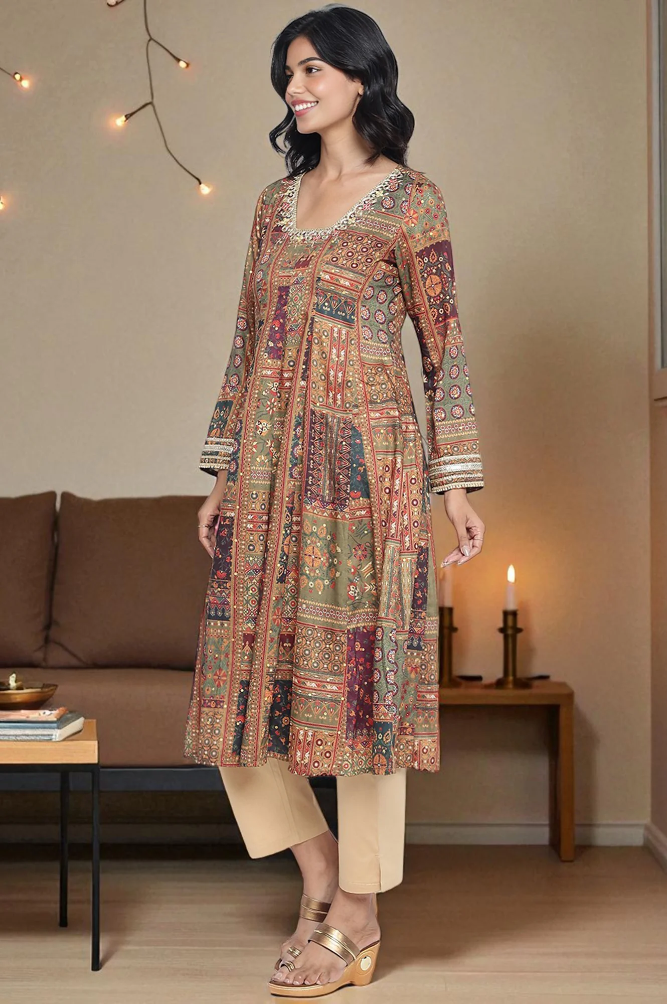 Green Abstract Printed Zari Muslin Flared Kurta - Image 3