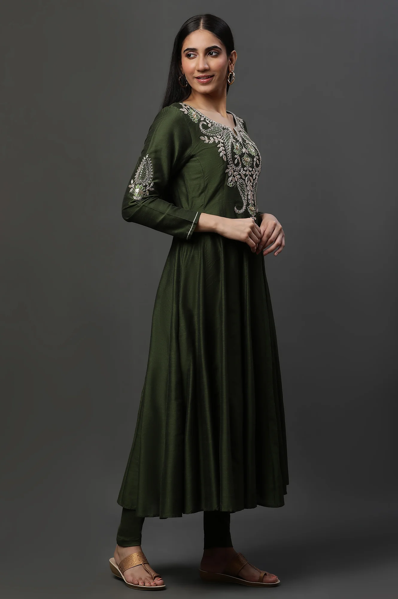 Green Anarkali Dori Embroidered Kurta, Tights and Dupatta Set - Image 3