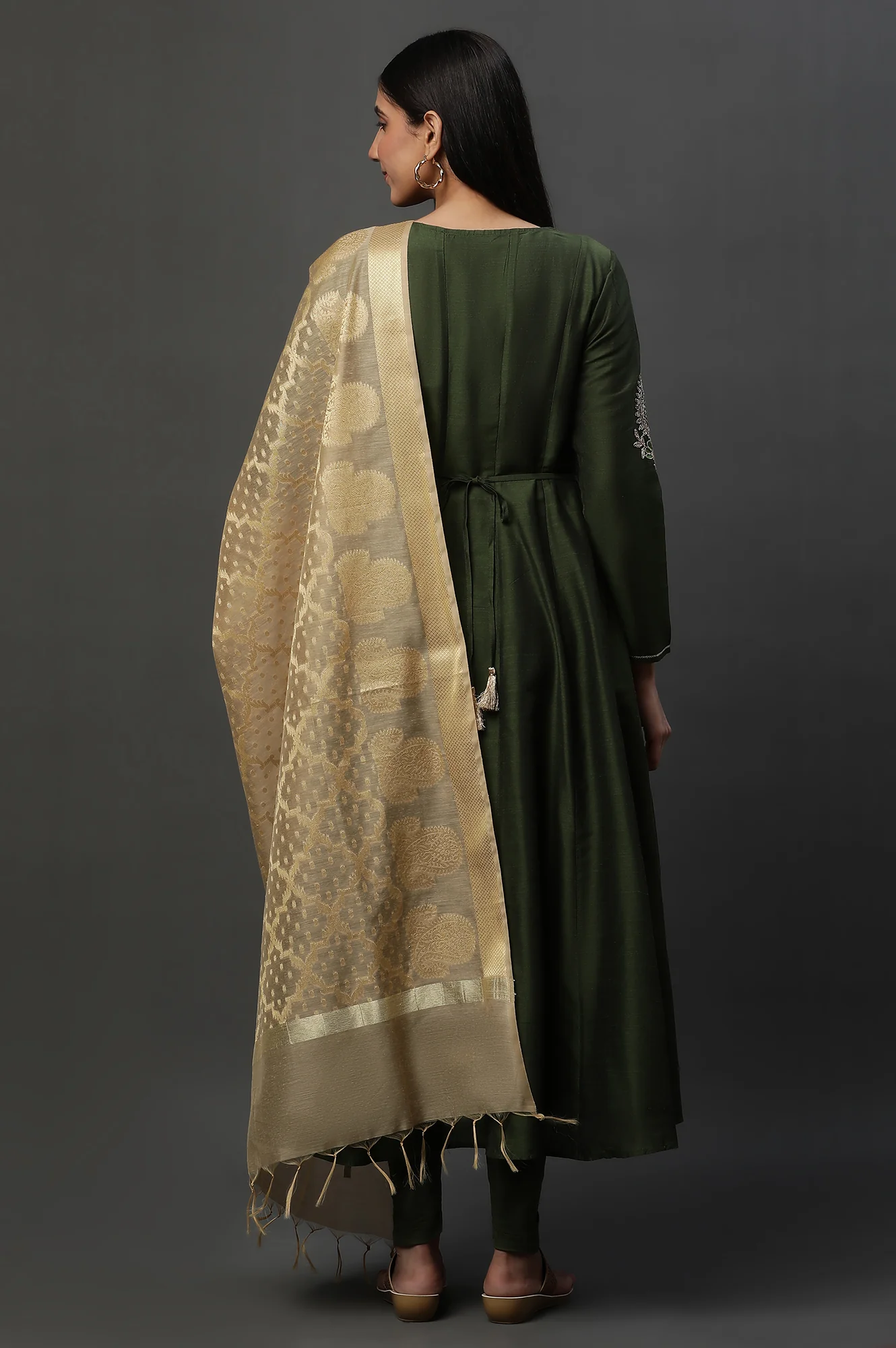 Green Anarkali Dori Embroidered Kurta, Tights and Dupatta Set - Image 4