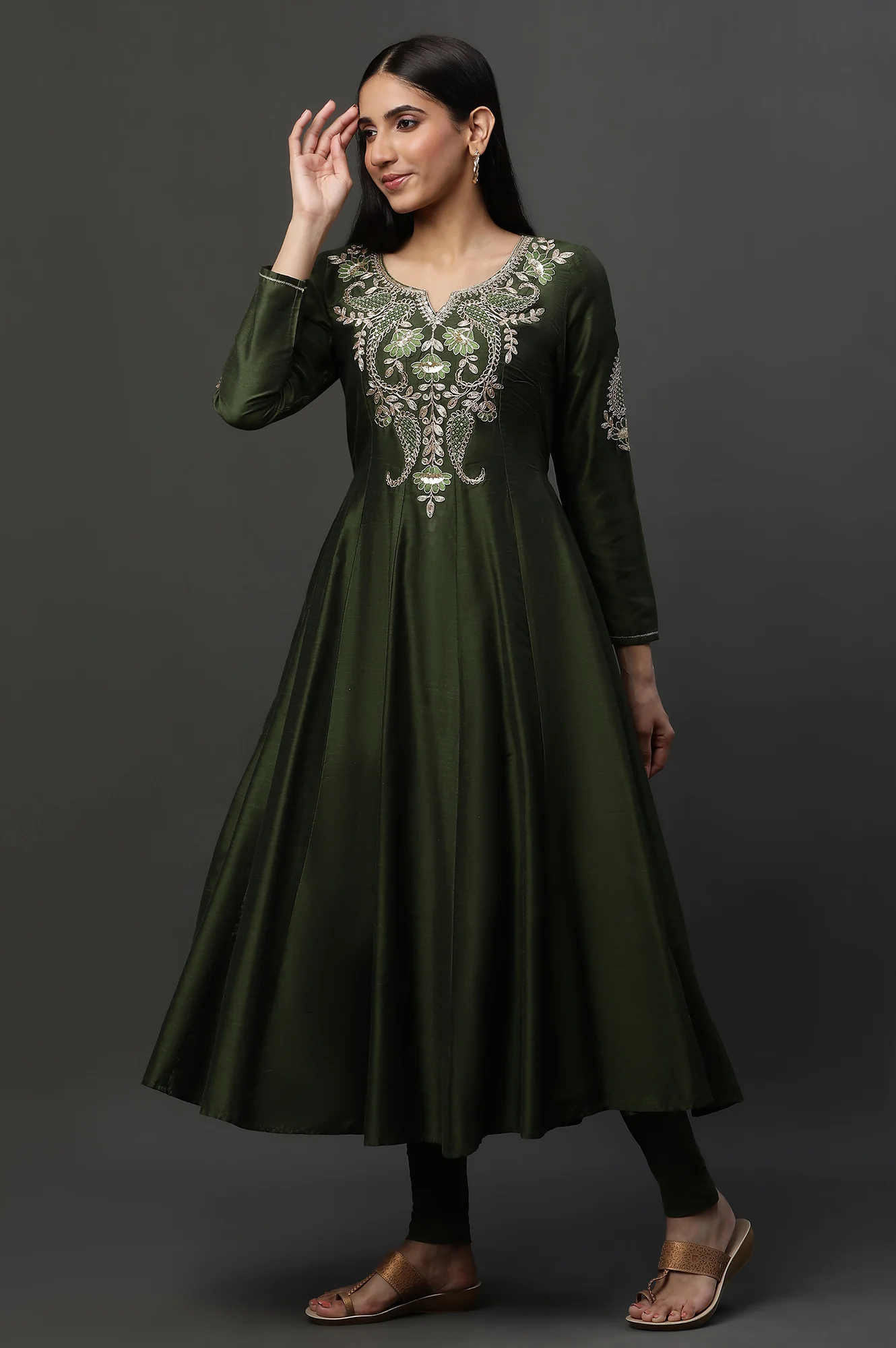 Green Anarkali Dori Embroidered Kurta, Tights and Dupatta Set - Image 5