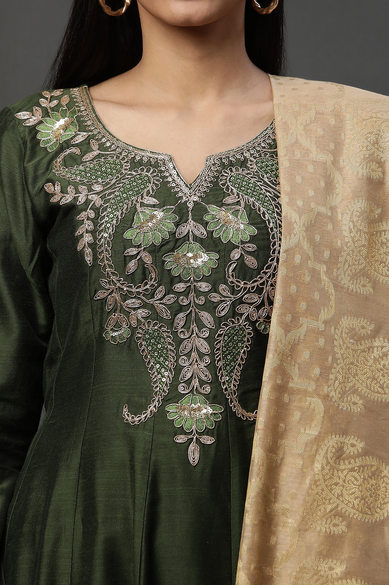 Green Anarkali Dori Embroidered Kurta, Tights and Dupatta Set - Image 6