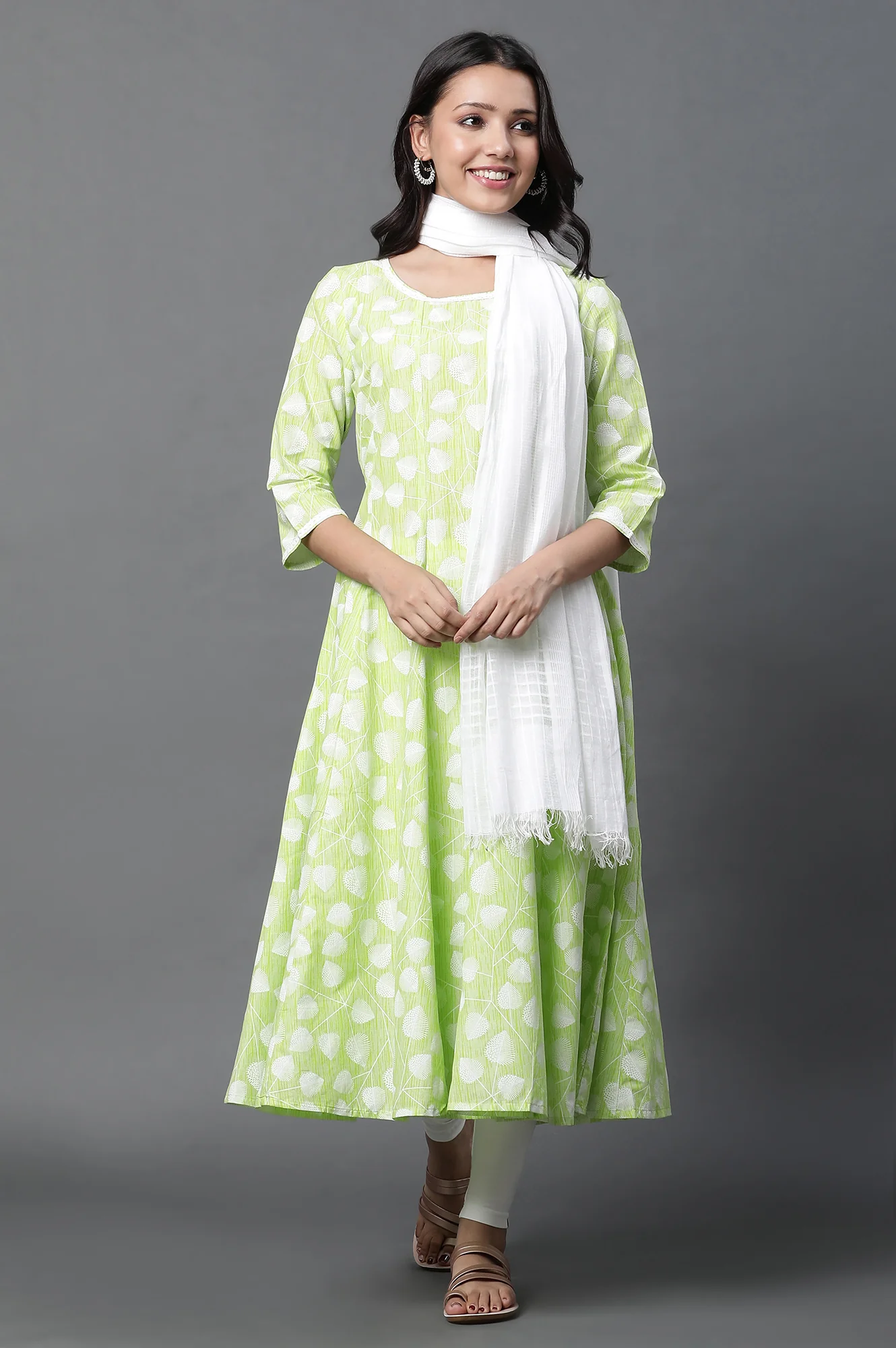 Green Anarkali Kurta, Tights and Dupatta Set - Image 2
