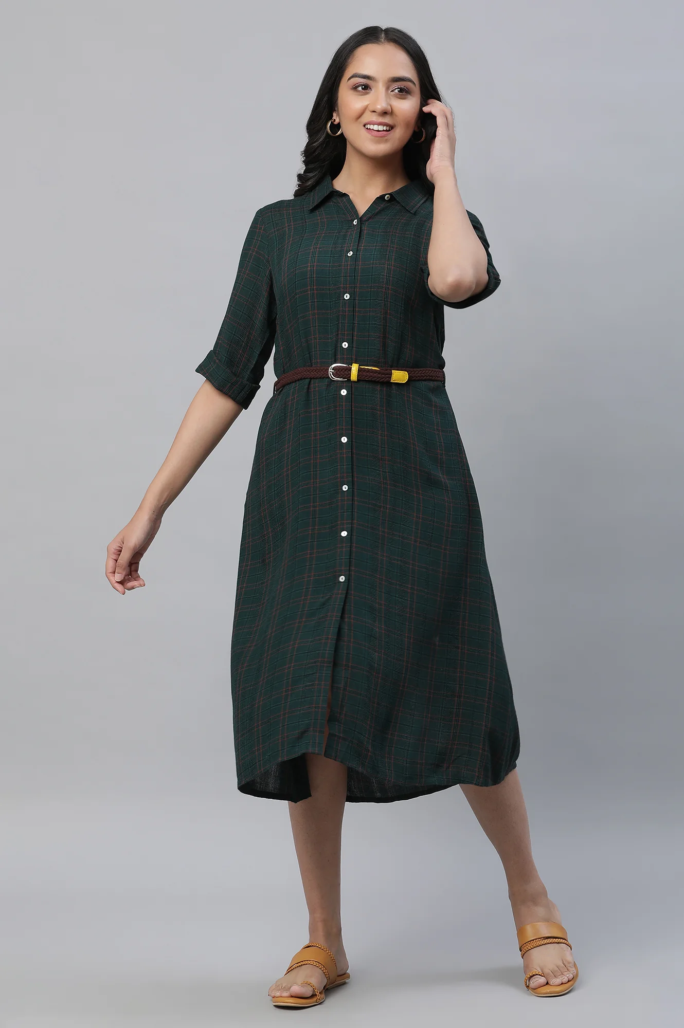 Green Checker Shirt Dress with Belt - Image 2